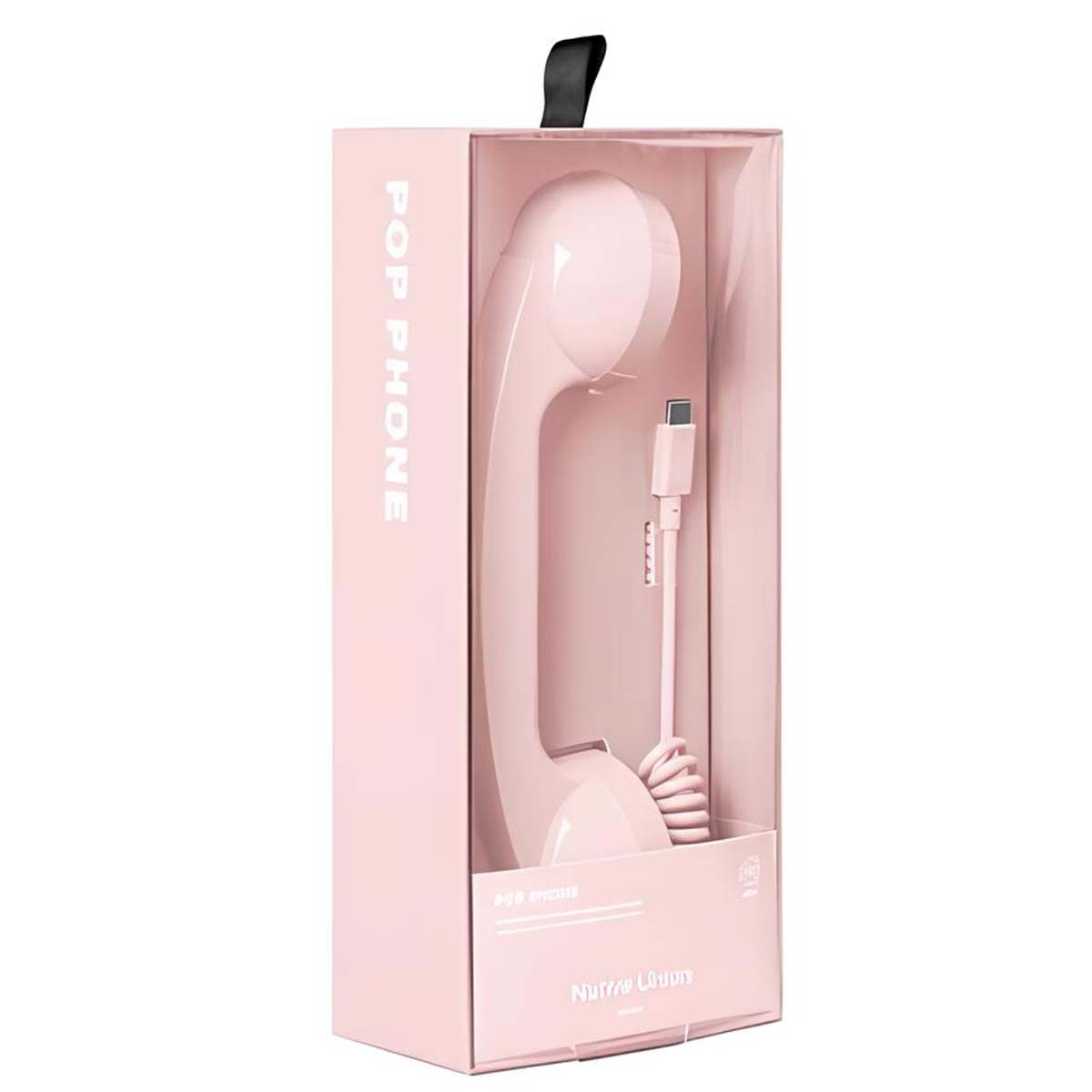 Un auricolare telefonico retrò rosa con connettore USB in confezione trasparente.
