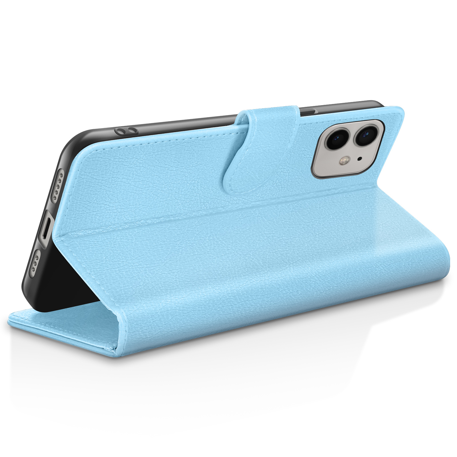 Een lichtblauwe telefoonhoes in geopende positie met een telefoon erin.
