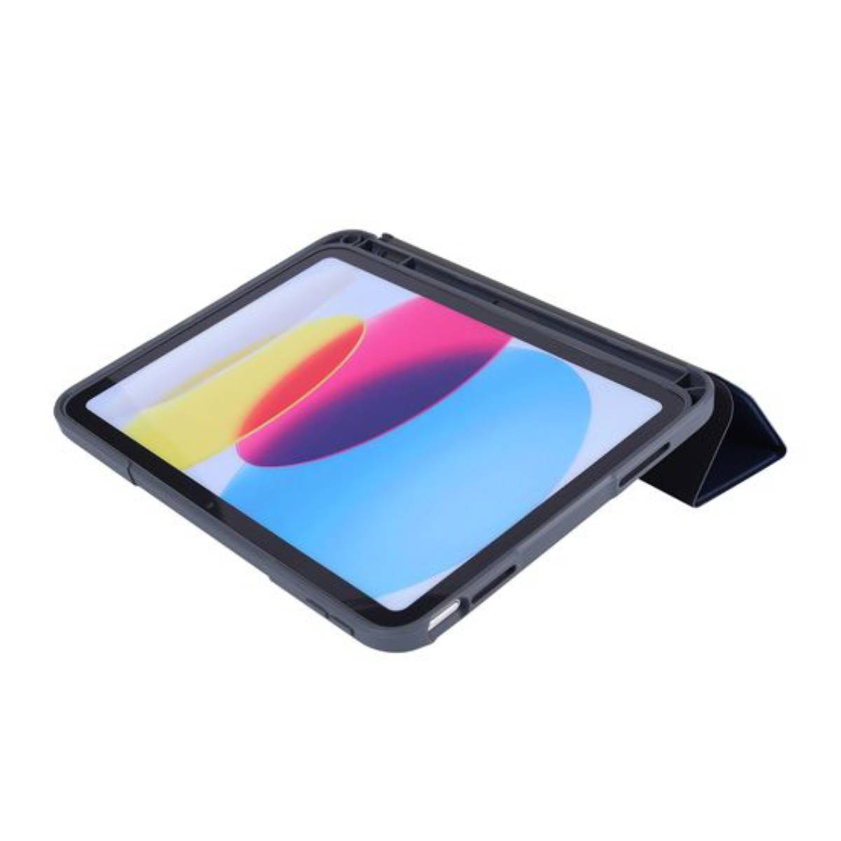 Tablet grigio con display colorato in custodia protettiva, su sfondo bianco.