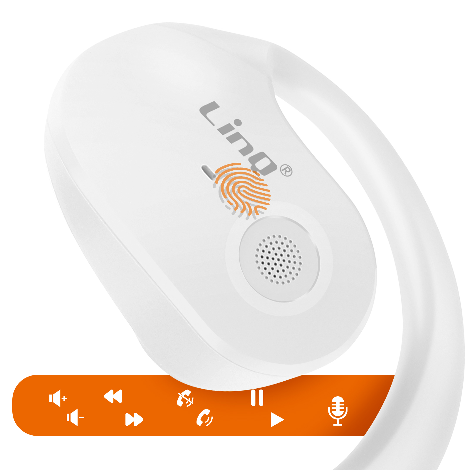 Ein weißes Gerät mit dem Linq-Logo, einem Fingerabdruck und Steuerelementen.