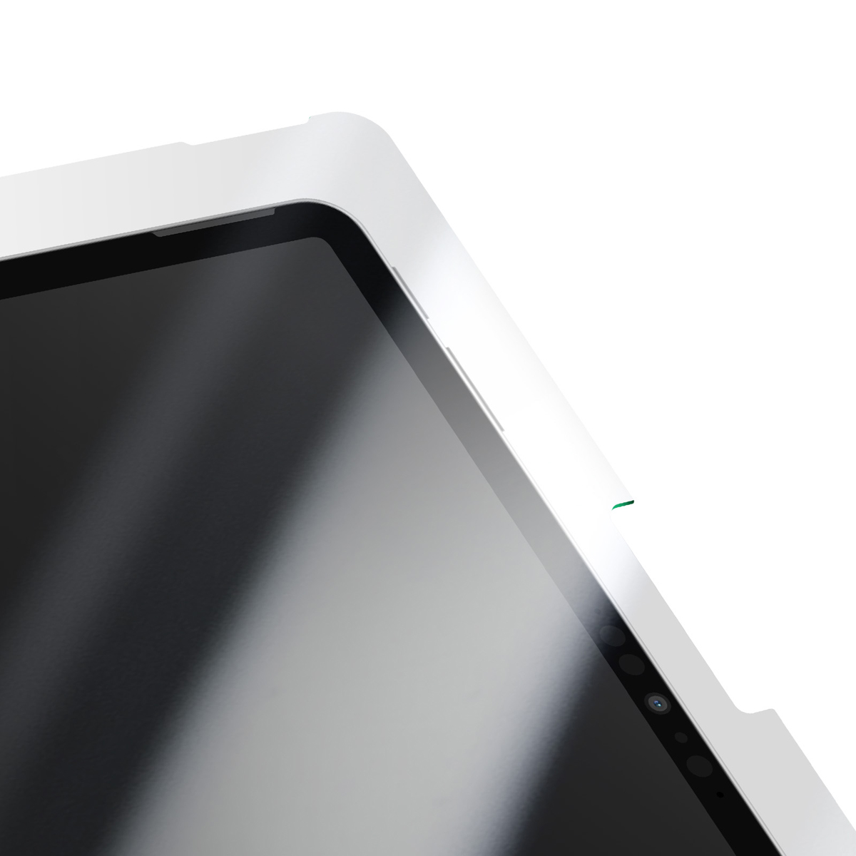 Un tablet bianco con schermo nero e una piccola linea verde.