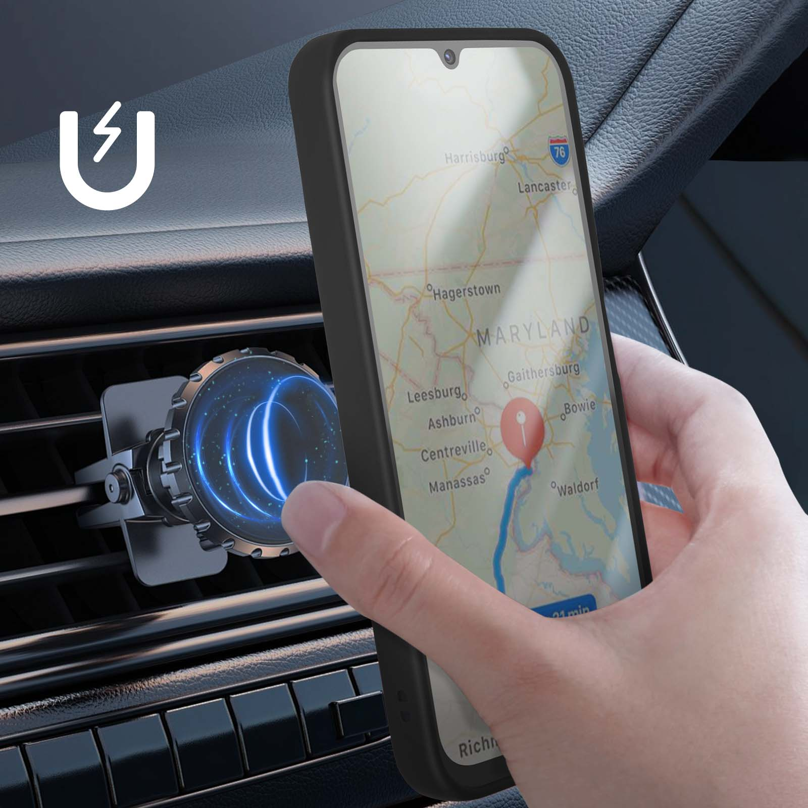 Un téléphone avec une application de navigation est fixé à un support magnétique de voiture.