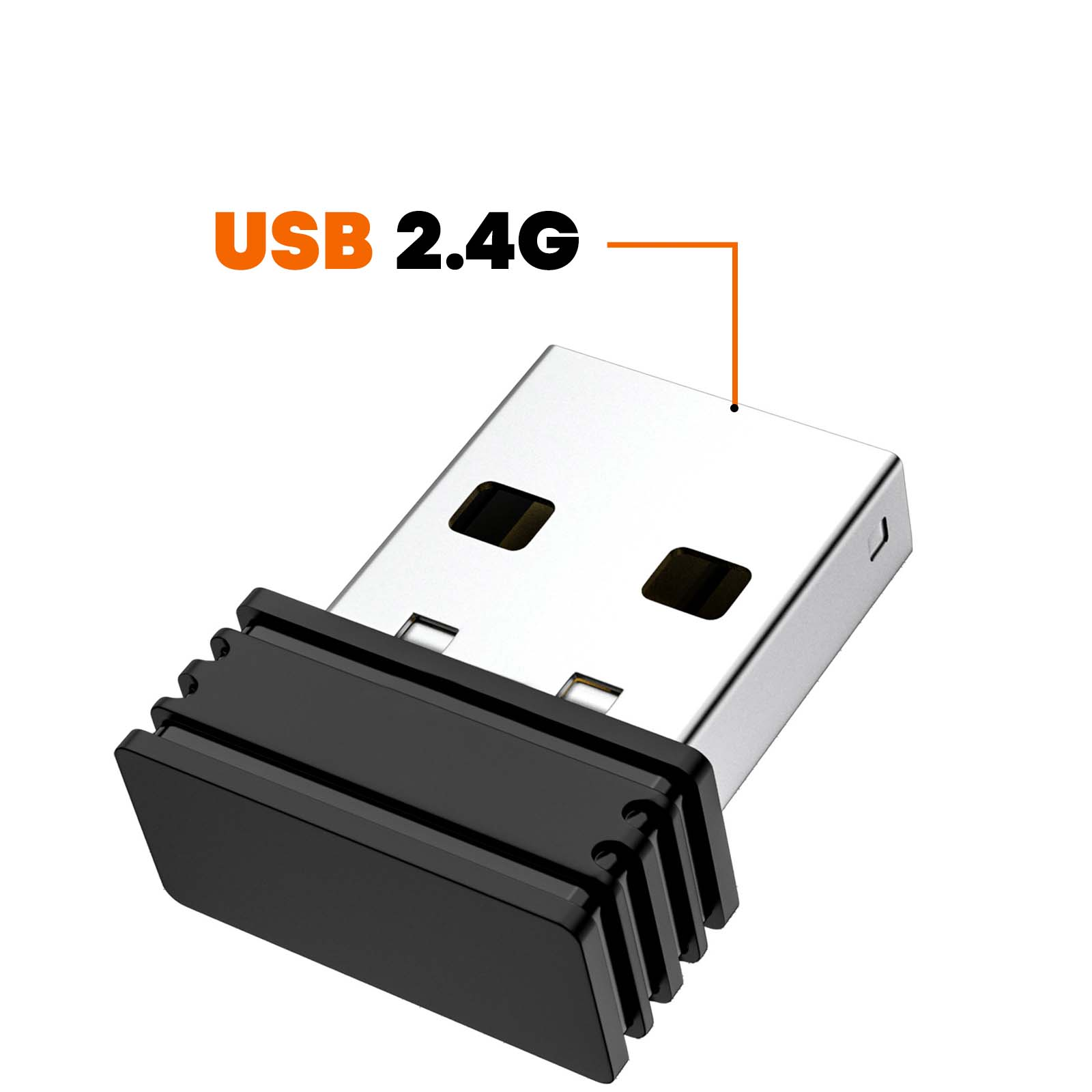 Un dongle USB 2.4G argentato con custodia nera.