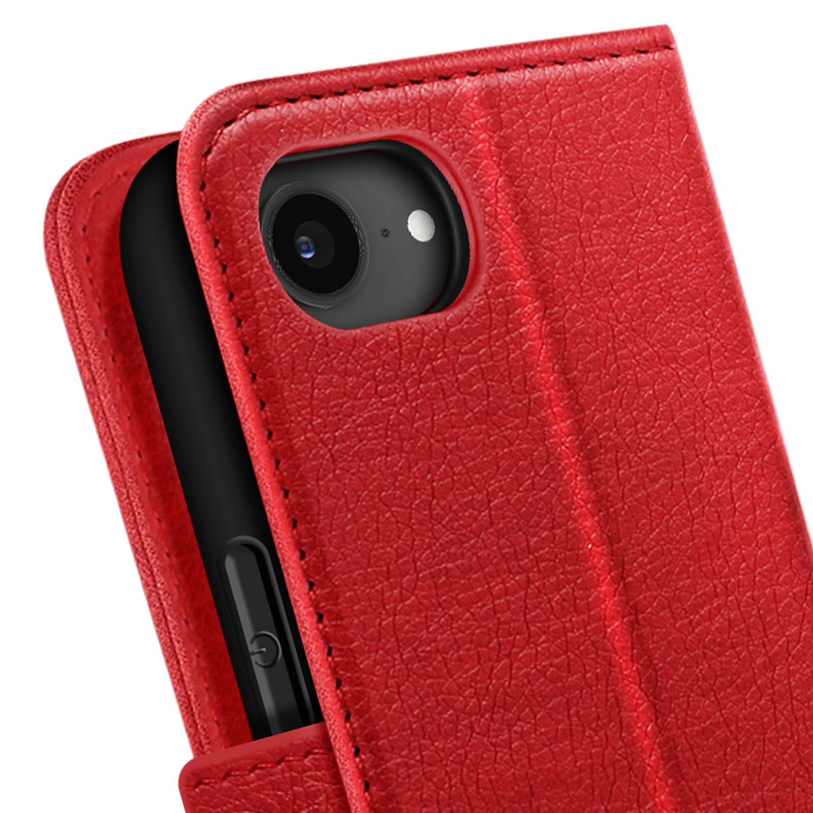 Rotes Leder-Flip-Case für ein Smartphone mit Kameraobjektiv und Blitz.