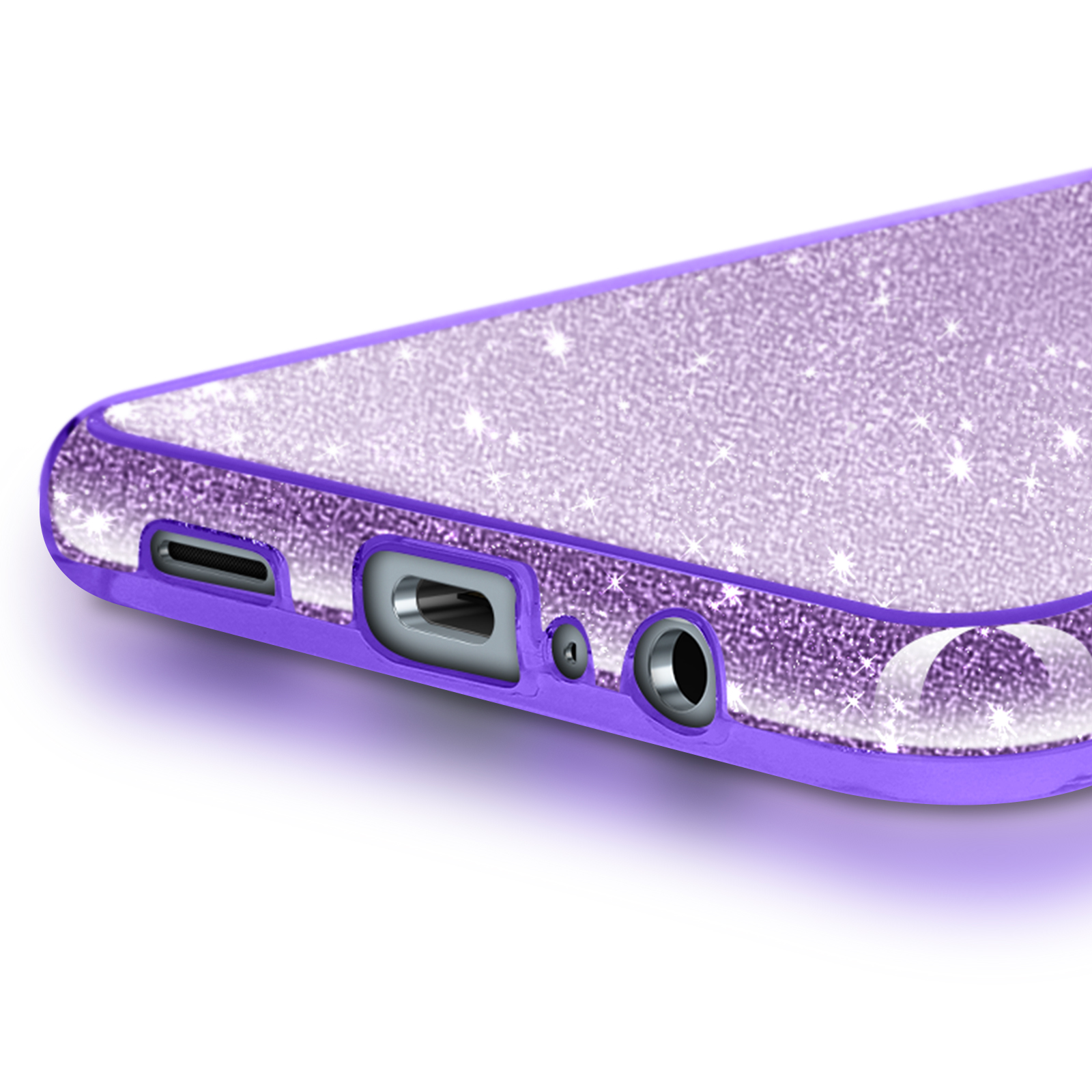 Cover viola glitterata per telefono, primo piano delle porte inferiori.