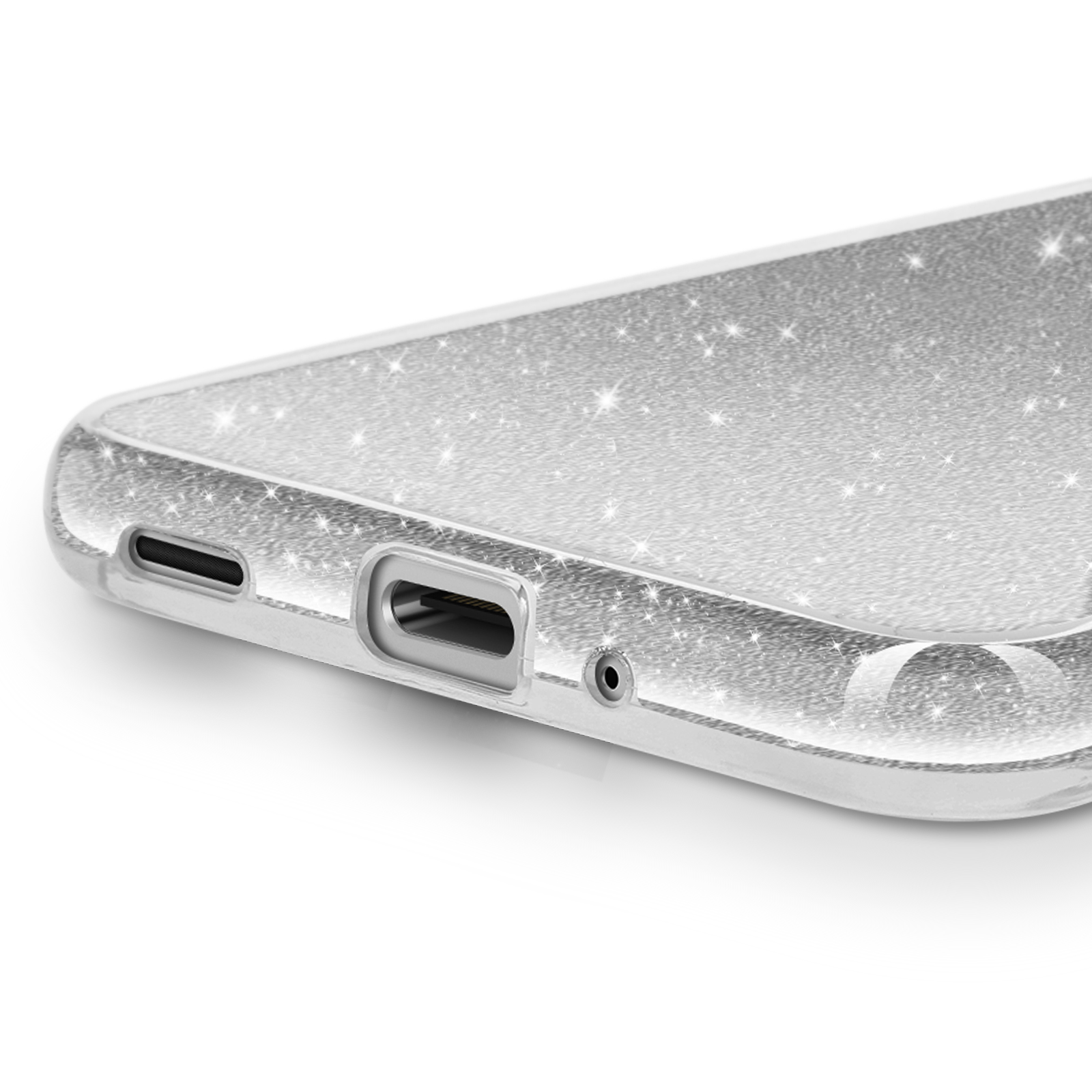 Primo piano di una cover per telefono glitterata argento.