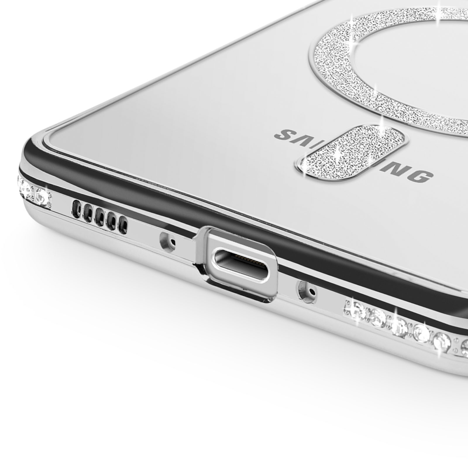 Custodia trasparente per telefono con accenti argentati e decorazioni in cristallo.