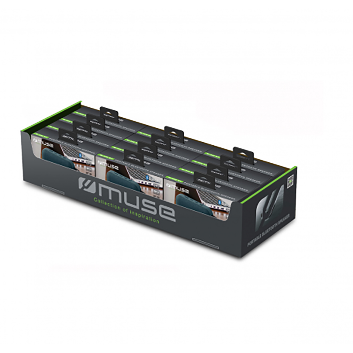 Verpackungsdisplay mit vielen Muse Bluetooth-Lautsprechern in Schachteln.