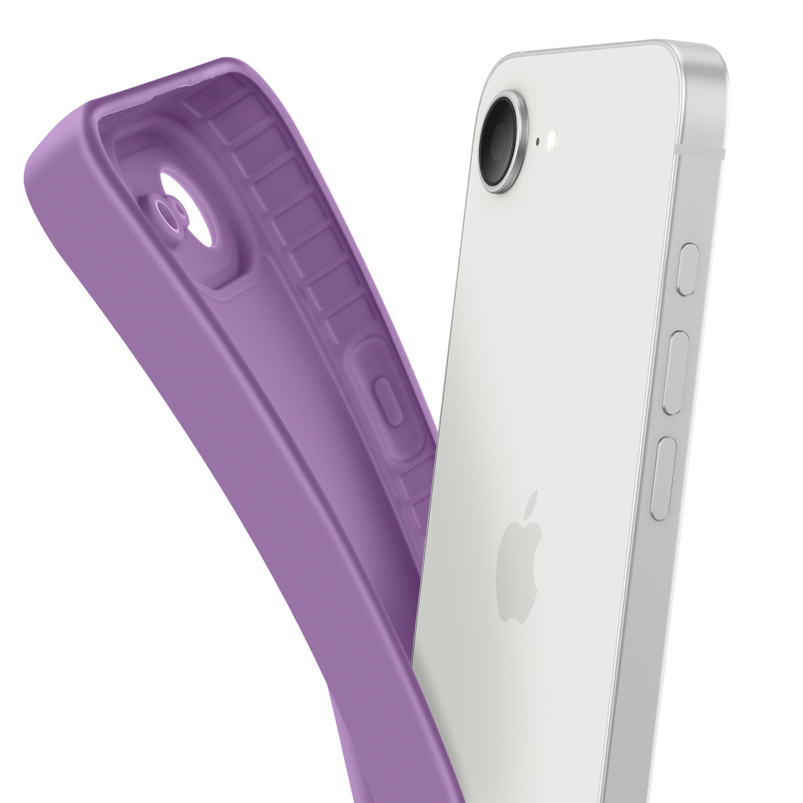 Een paarse telefoonhoes naast een witte iPhone. De hoes is open.