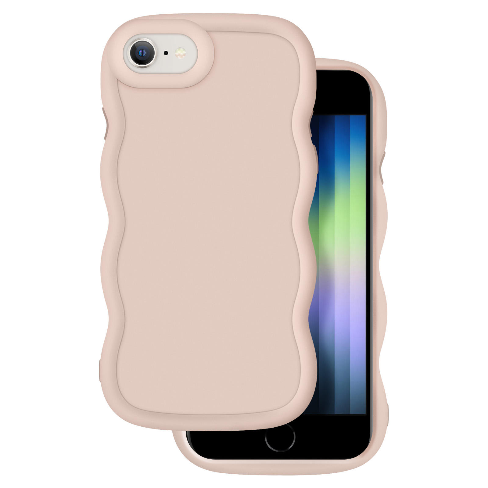 Una custodia rosa per telefono con bordo ondulato accanto a uno smartphone.