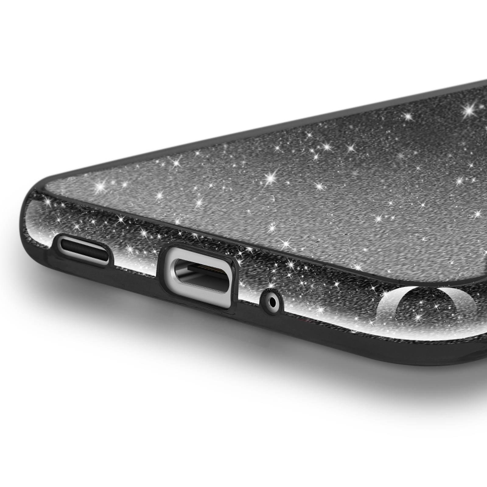 Cover nera per telefono con stelle glitter e porte.