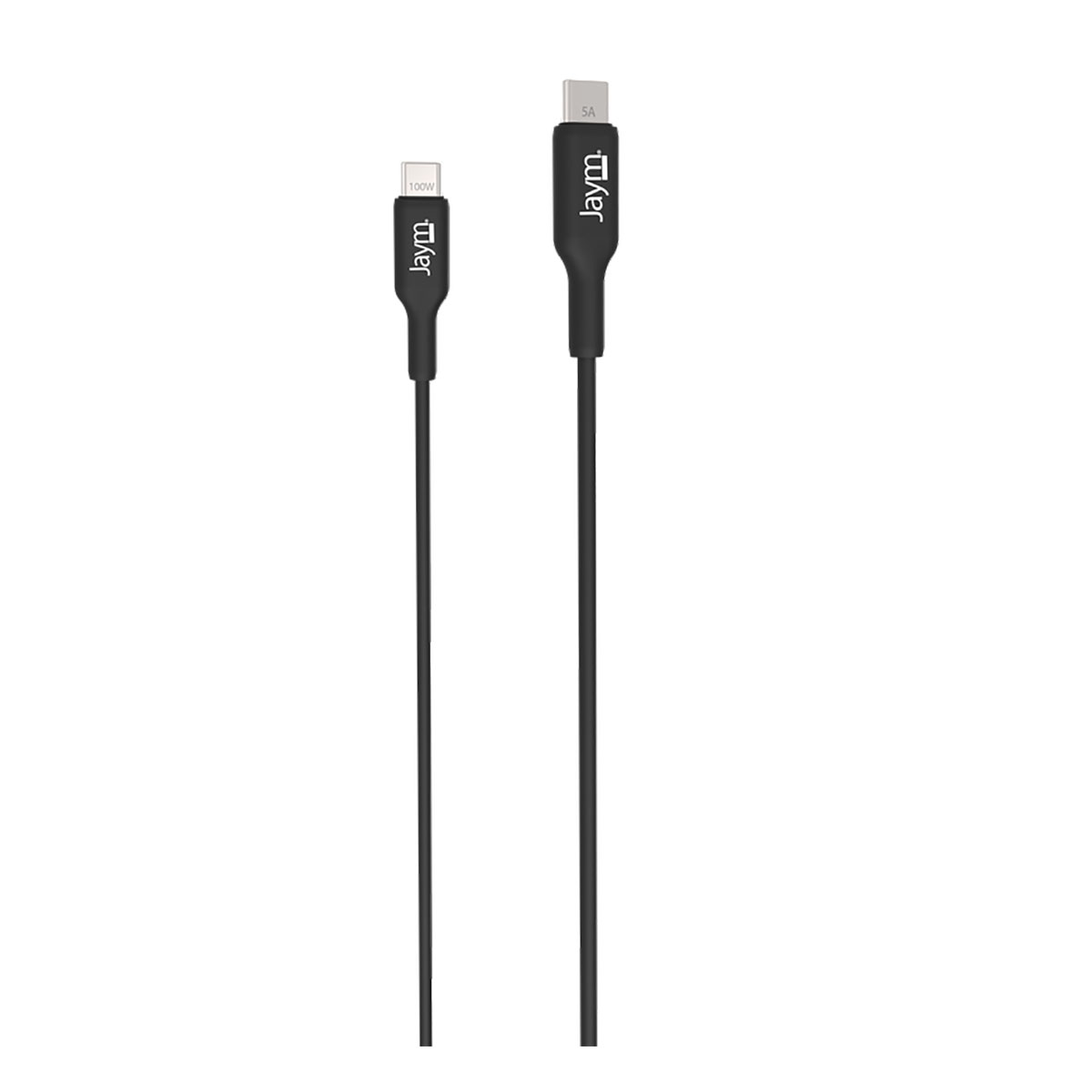 Due cavi USB-C neri con logo Jaym, uno marcato 100W, l'altro 5A.