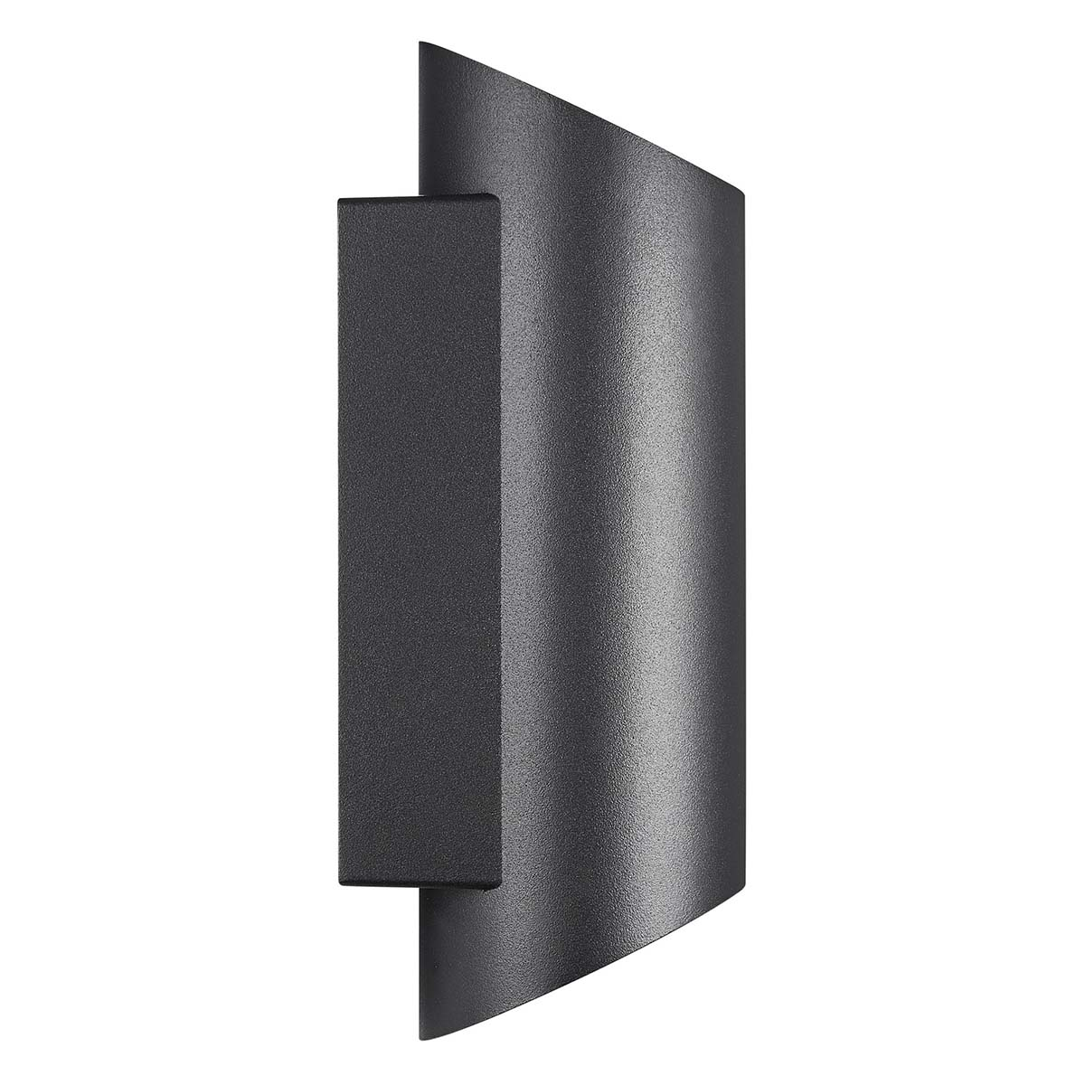 Una lámpara de pared cilíndrica oscura con base rectangular.