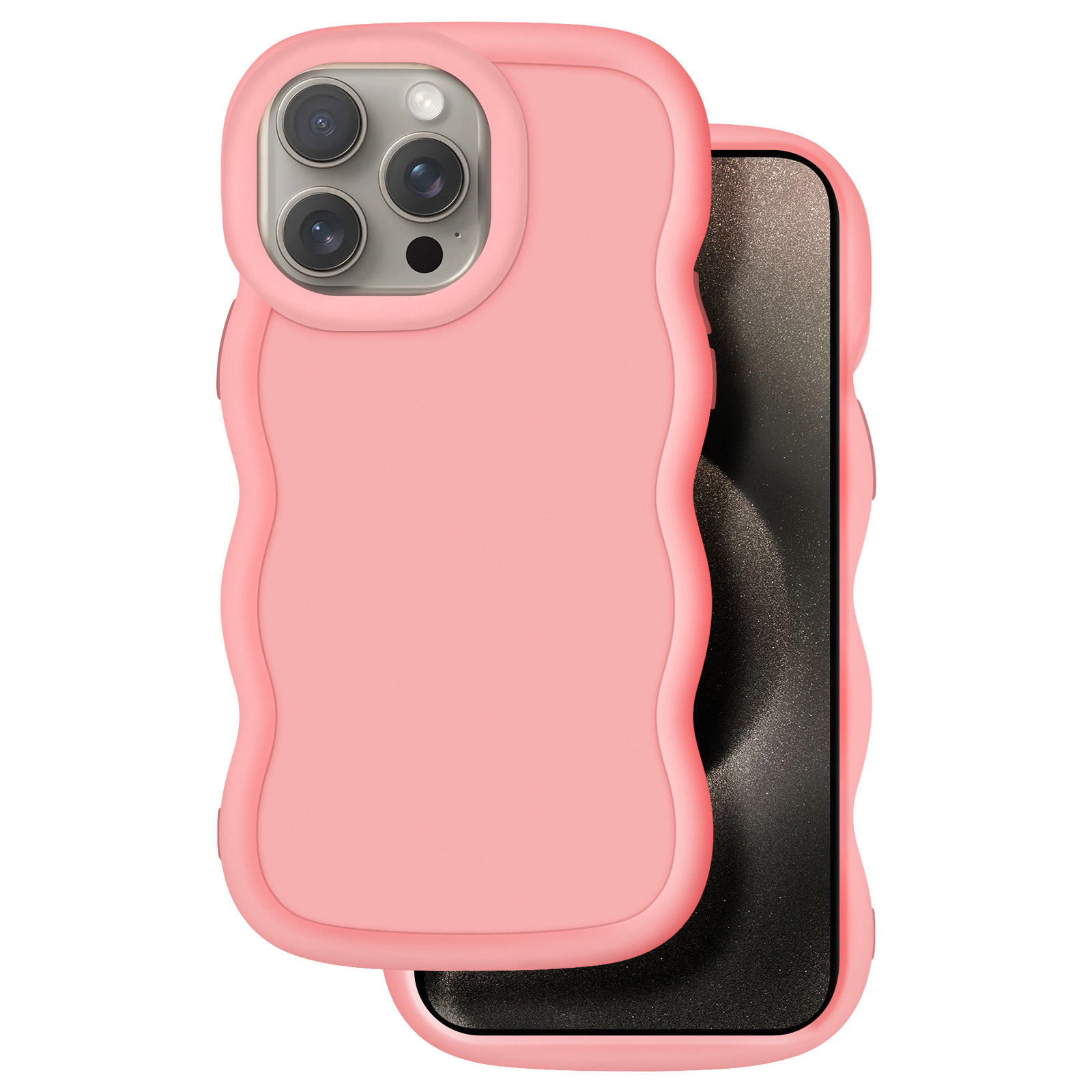 Una cover per telefono rosa con bordo ondulato su un telefono.