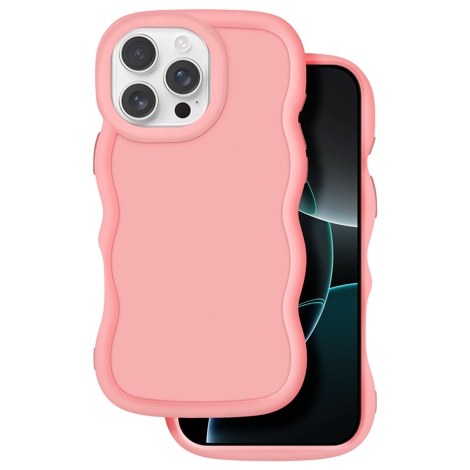 Una cover rosa ondulata che circonda uno smartphone.