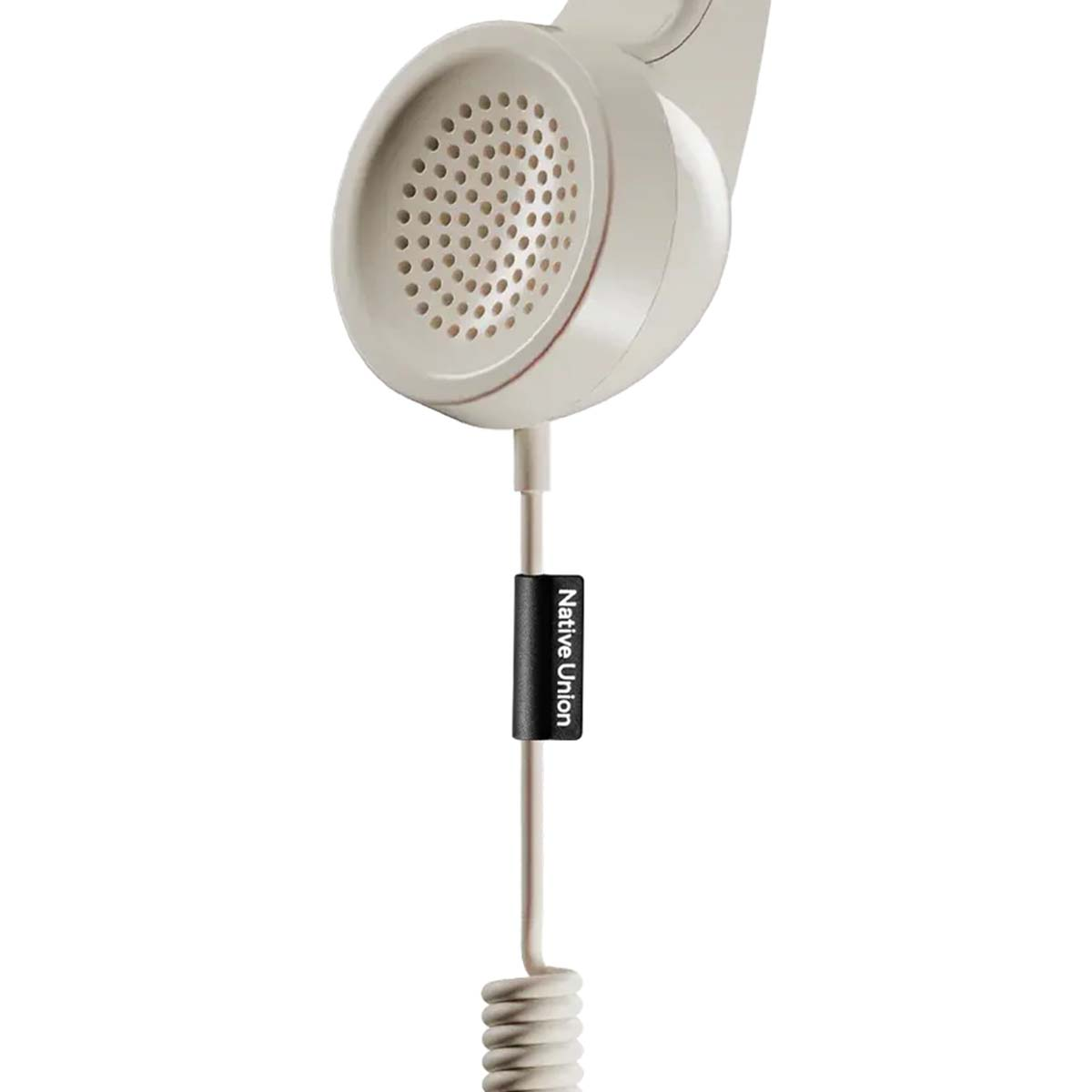 Auricolare beige con cavo a spirale e logo Native Union.