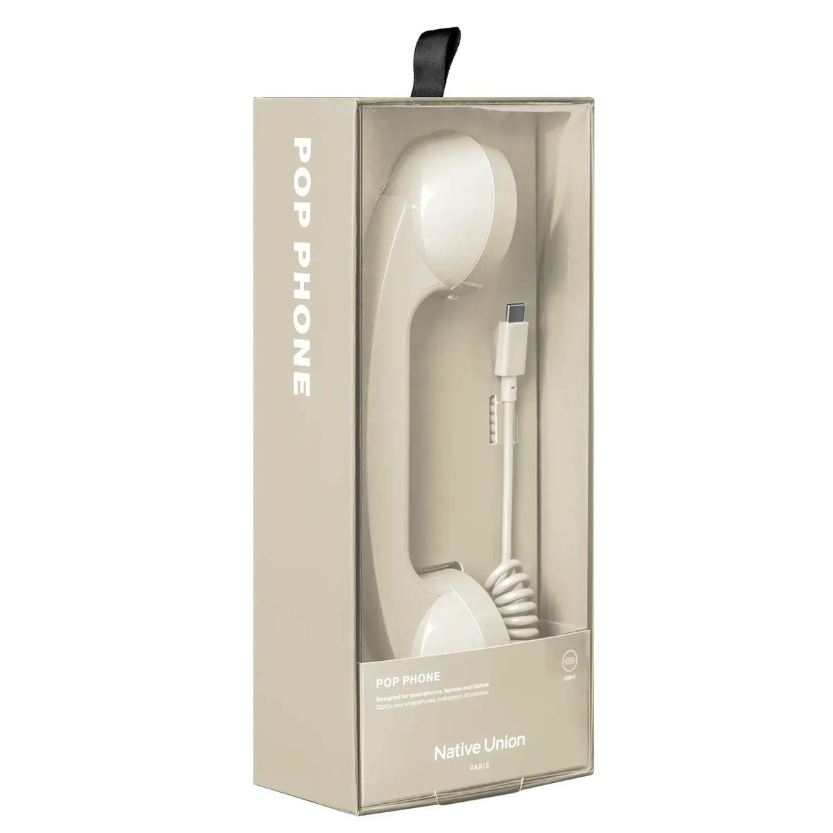 Un auricolare Pop Phone beige con connettore USB-C in confezione trasparente.
