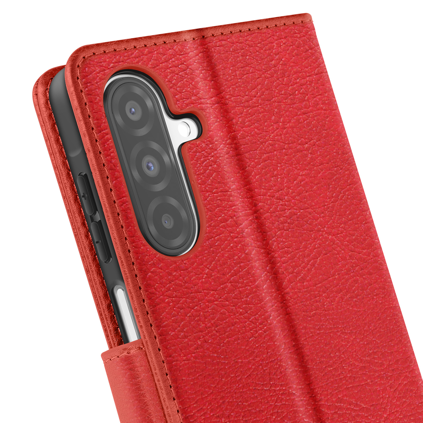 Rotes Lederetui für ein Smartphone mit sichtbarer Kamera und Lautstärketasten.