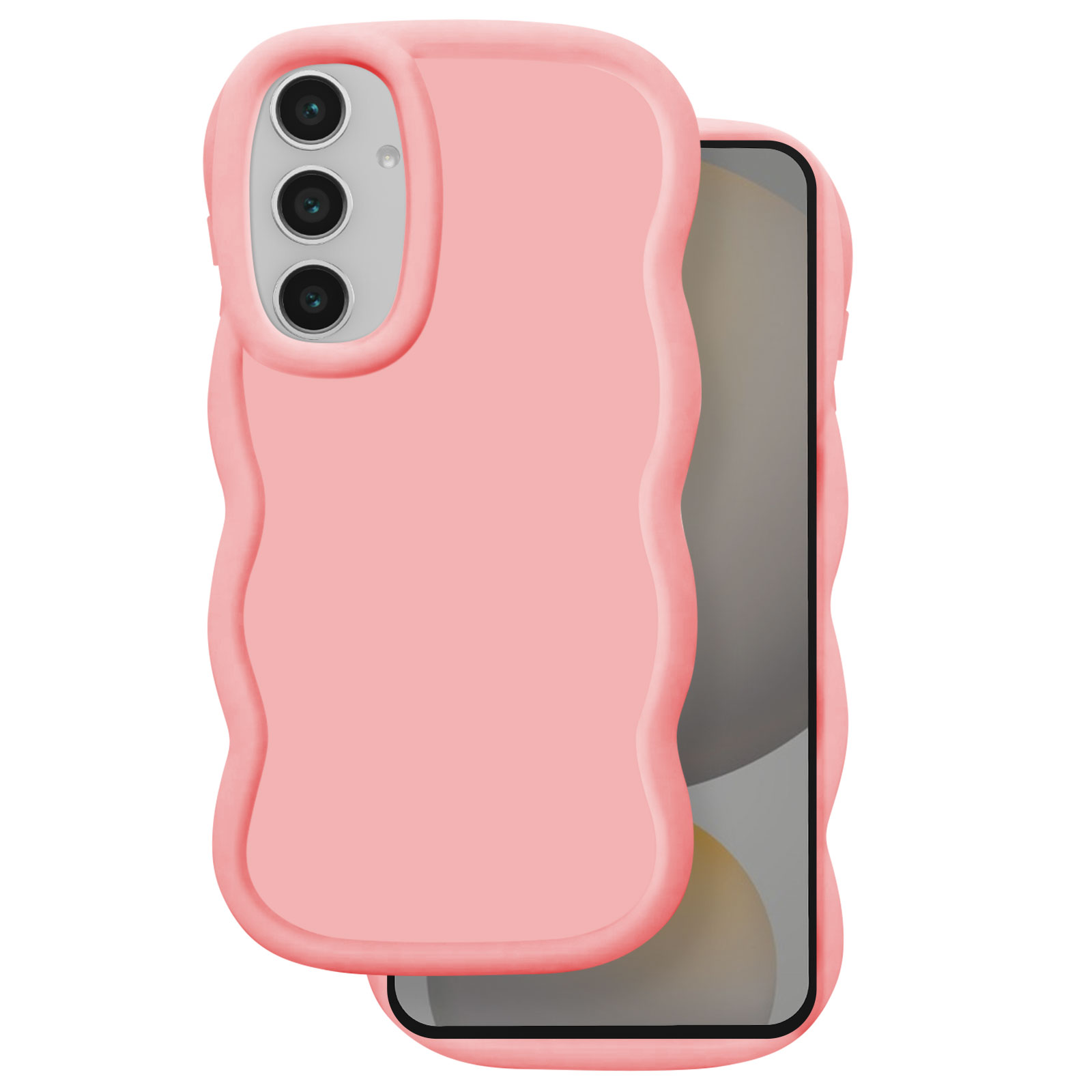Una cover rosa per telefono con bordo ondulato e lenti.