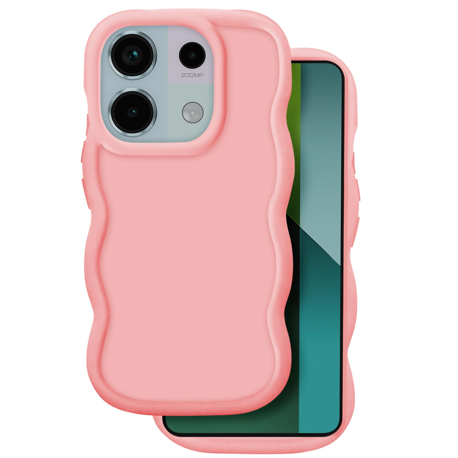 Una cover per telefono rosa e ondulata copre uno smartphone con due fotocamere.