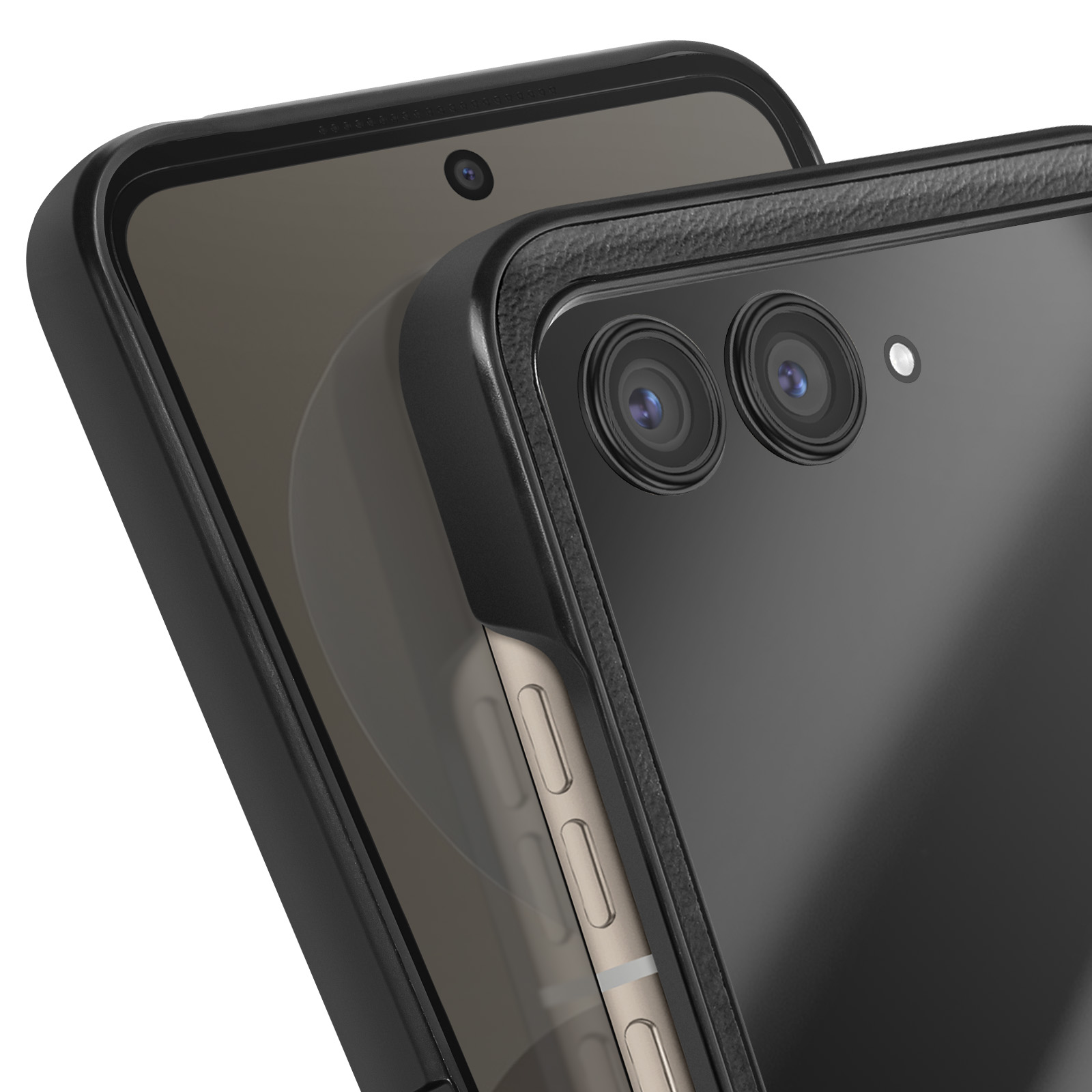 Due custodie per smartphone nere con fotocamere e pulsanti su sfondo bianco.