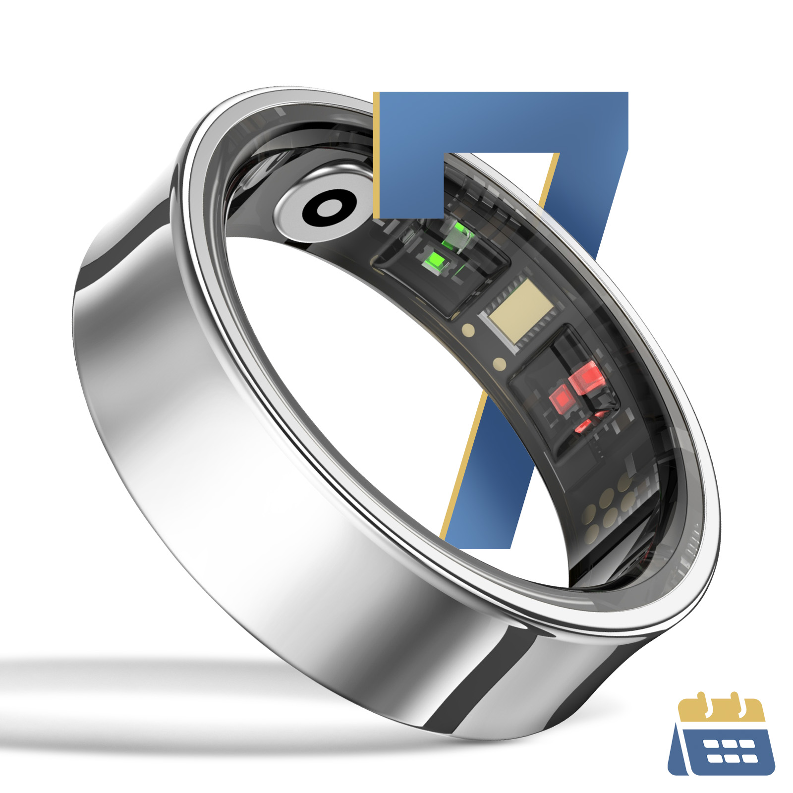 Ein silberner Ring mit sichtbarer Elektronik und einem blauen 