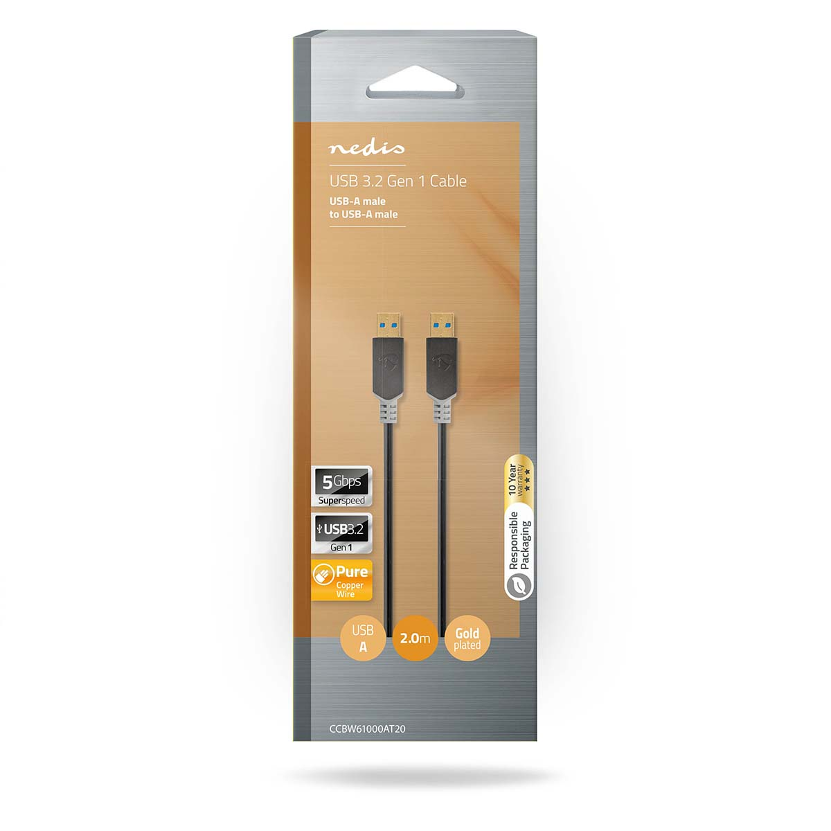Cavo Nedis USB 3.2 Gen 1, da USB-A a USB-A, 2m, Oro.