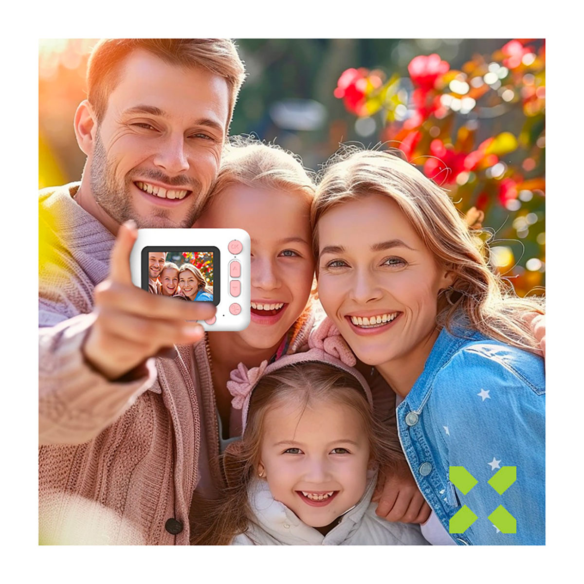 Familie macht ein Selfie mit einer Digitalkamera im Freien, mit Blumen im Hintergrund.