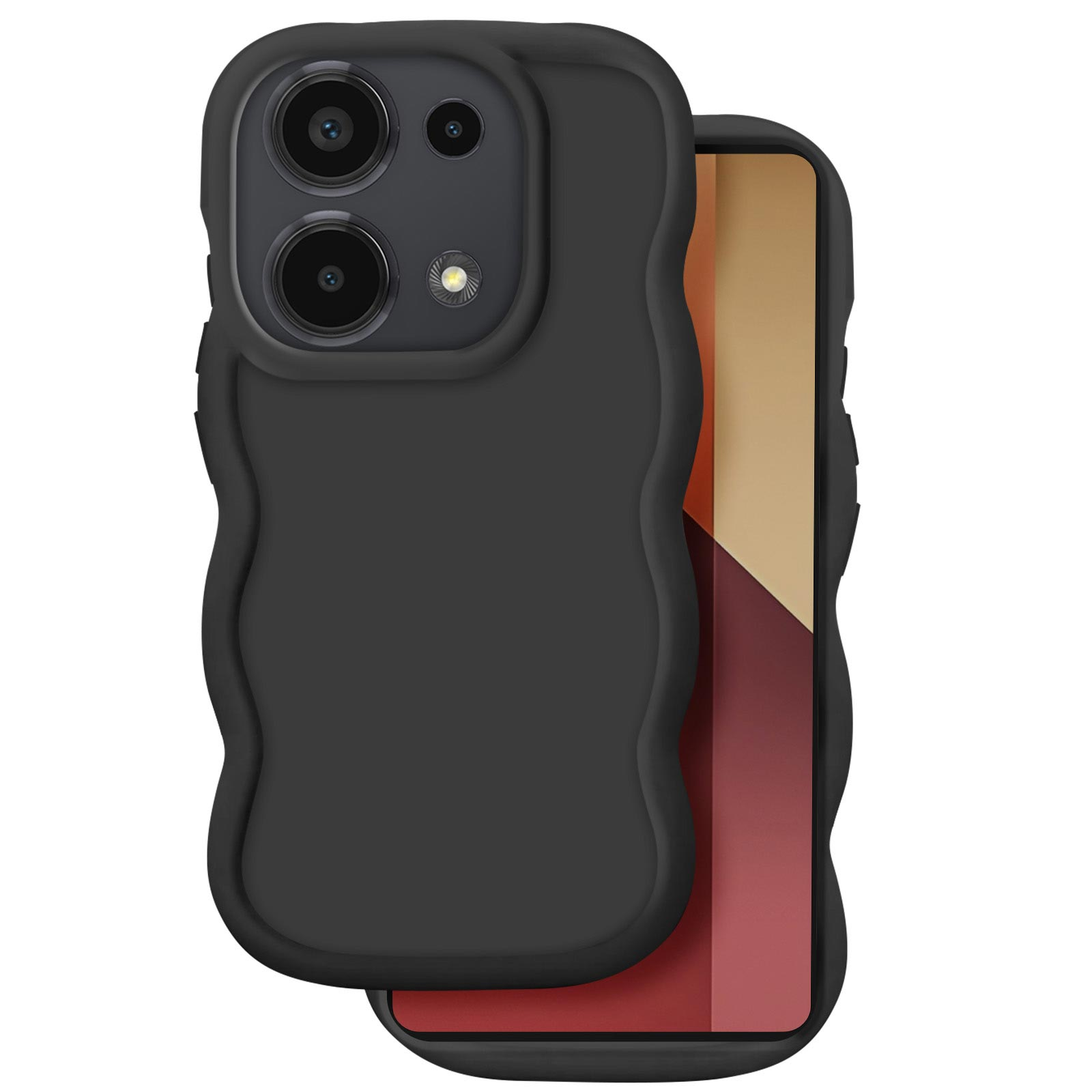 Custodia nera ondulata per telefono con due fotocamere e flash.