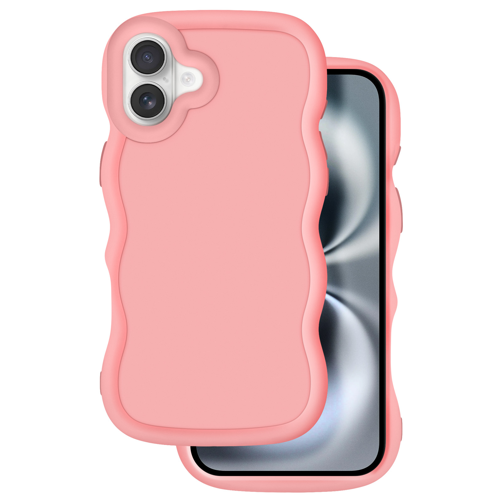 Ein rosa Handyhülle mit Wellenrand, daneben ein Handy.