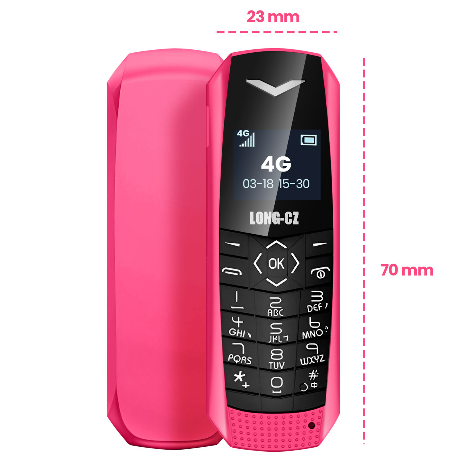 Ein pinkes Handy mit 4G-Anzeige und Tastatur. Maße 23x70mm.