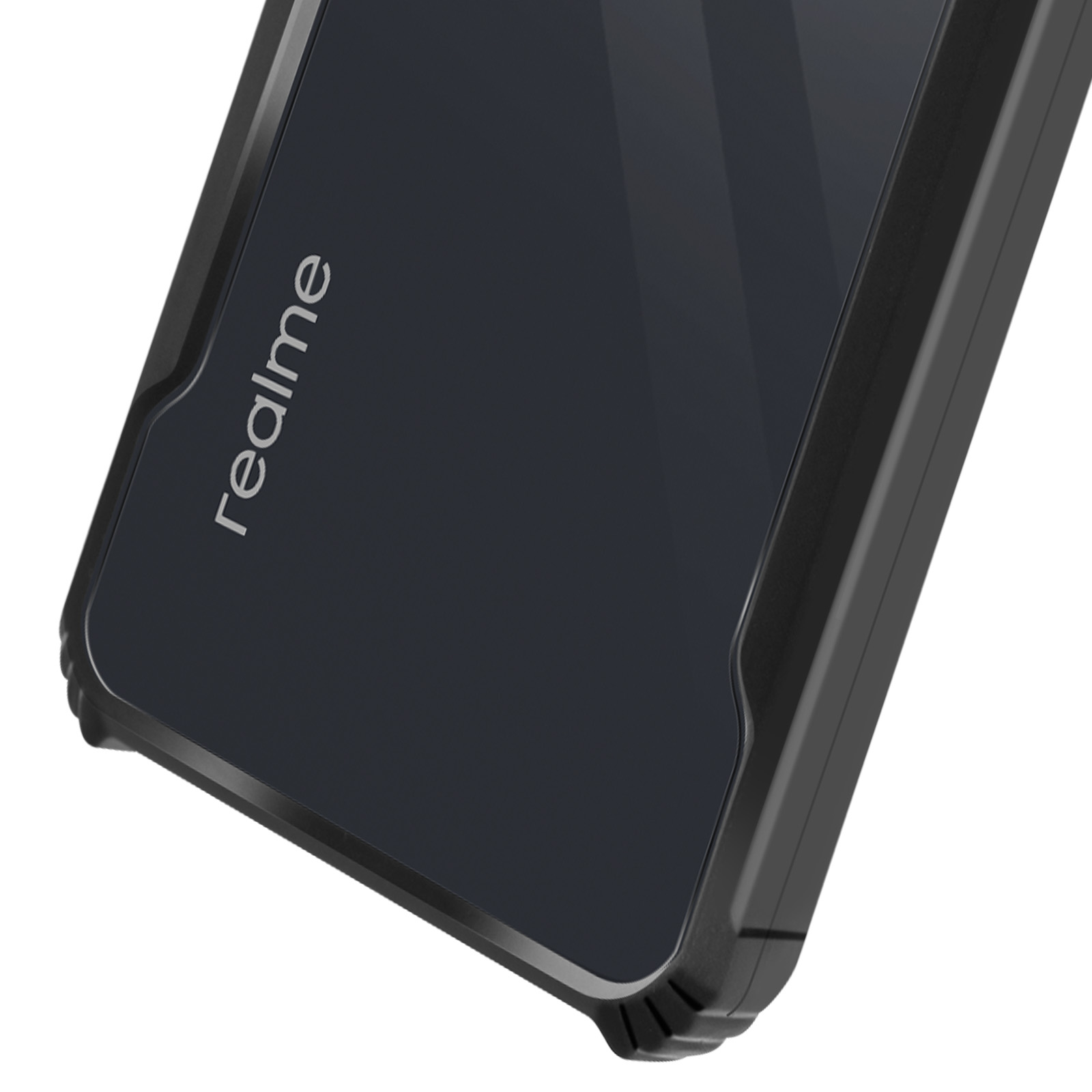 Smartphone grigio scuro con logo Realme argentato sul retro.