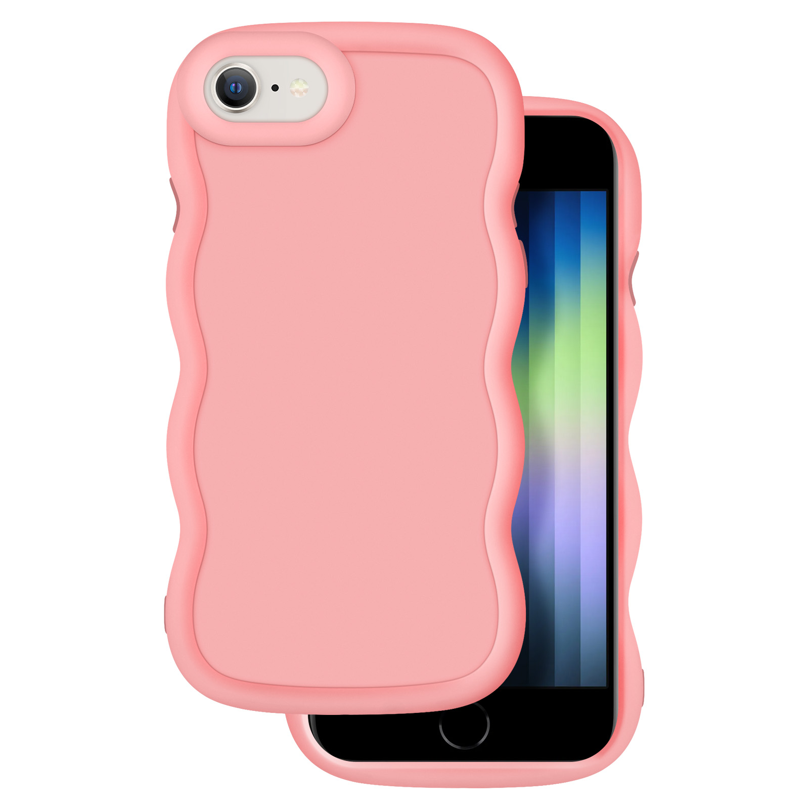 Un telefono rosa con custodia ondulata e fotocamera. Lo schermo mostra strisce colorate.