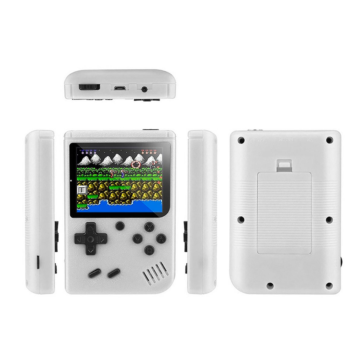 Un dispositivo de videojuegos portátil blanco con una pantalla que muestra un juego retro.