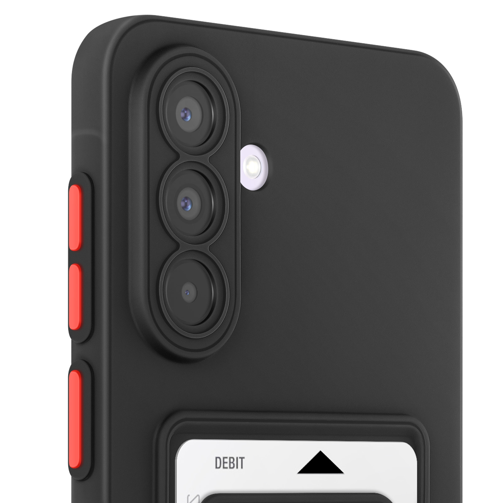 Cover nera per telefono con tre fotocamere e un pulsante rosso. Sotto è visibile una carta 'DEBIT'.