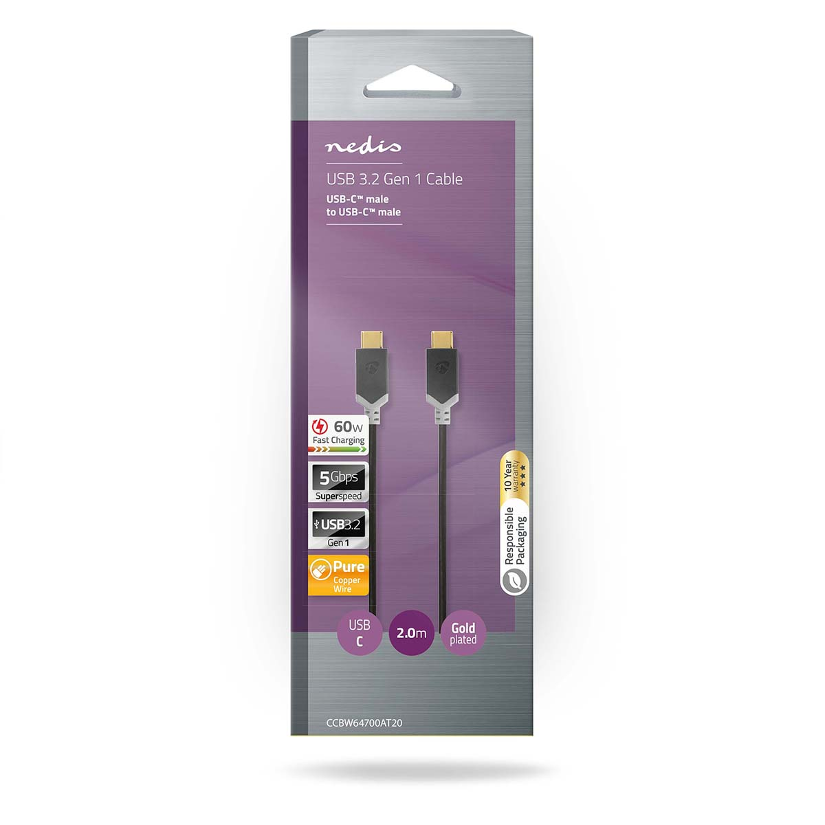 Cavo Nedis USB 3.2 Gen 1 con connettori USB-C, 2m, 60W, 5Gbps, Oro.
