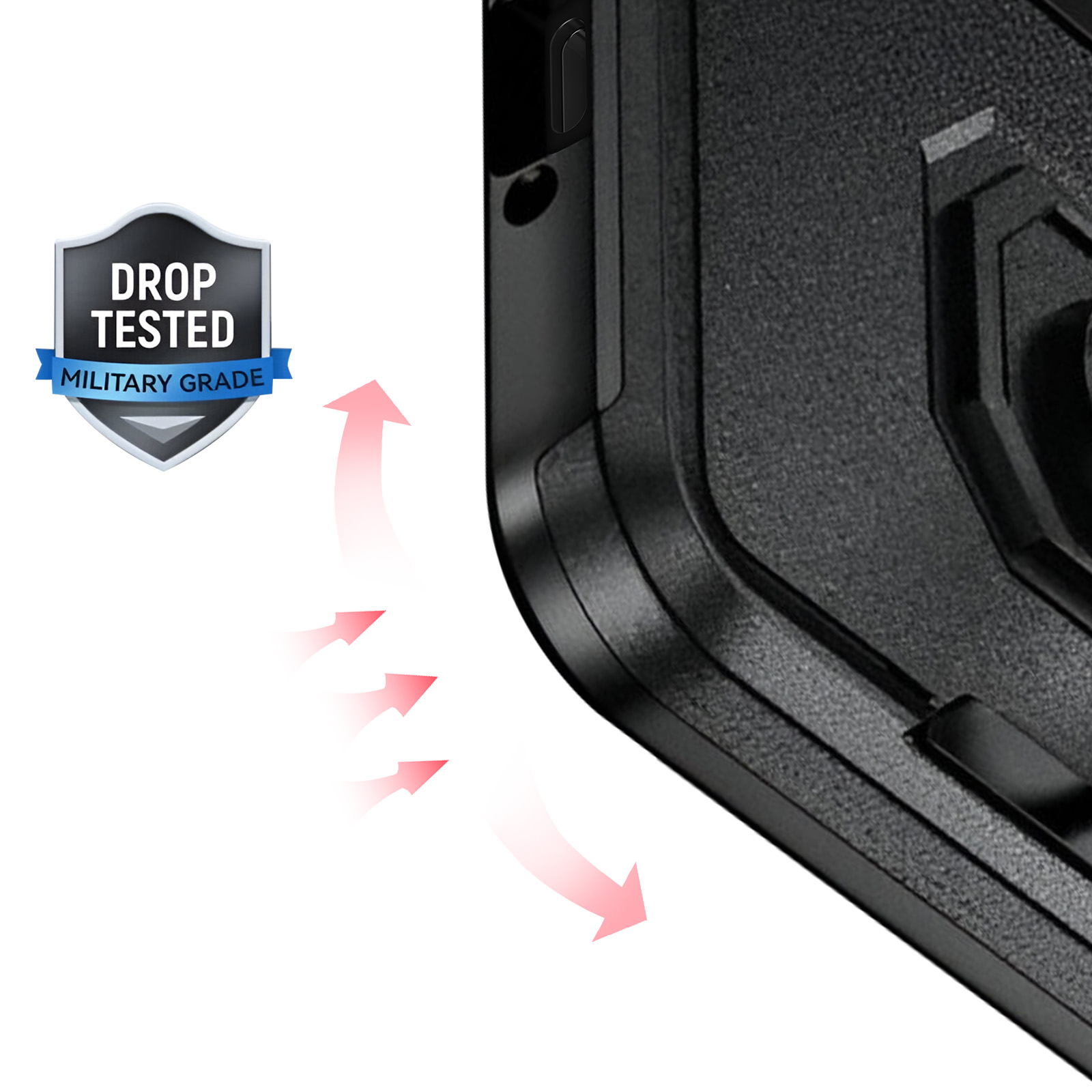 Custodia nera con sigillo "Drop Tested Military Grade" e frecce rosse.