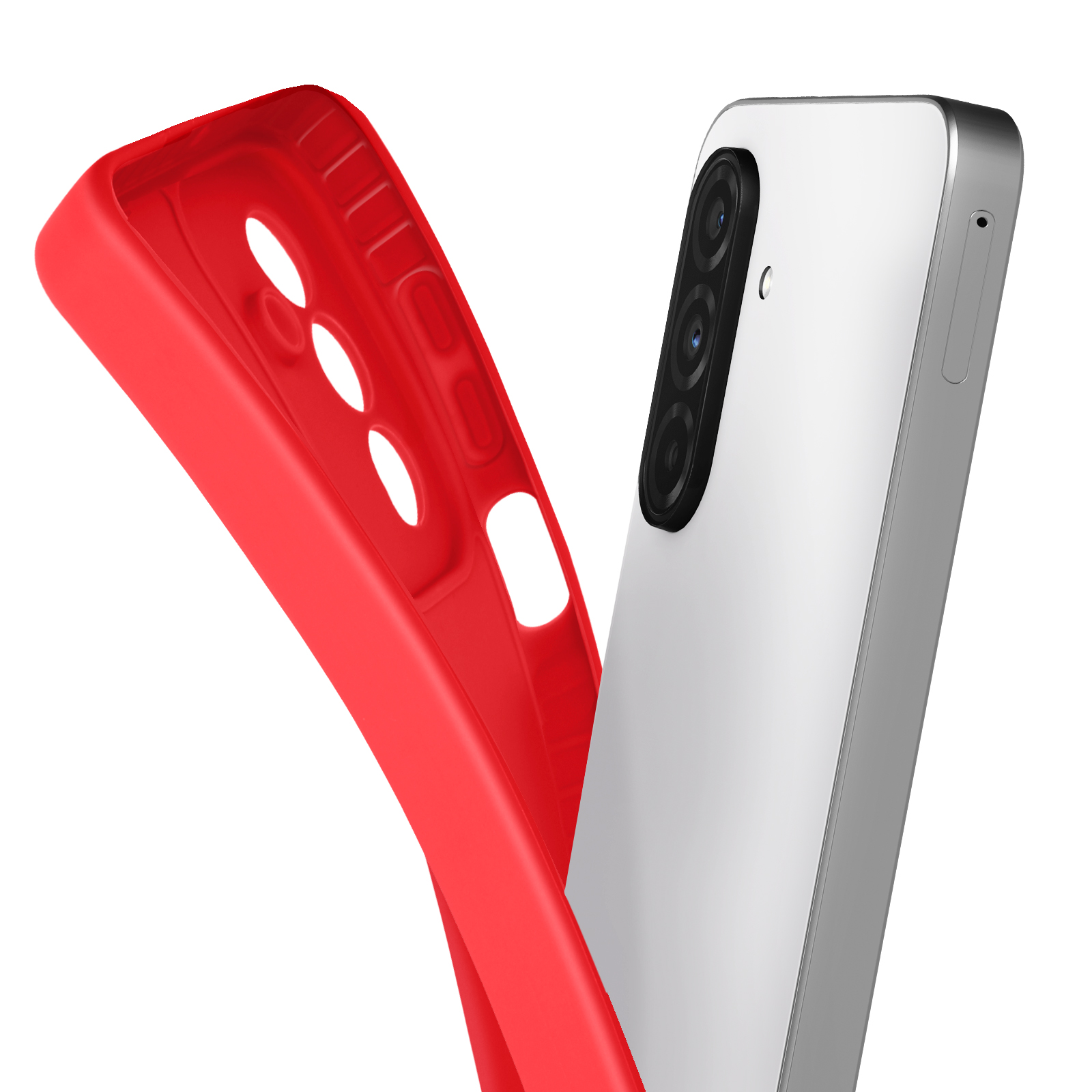 Custodia rossa con ritagli accanto a uno smartphone bianco con tre fotocamere.