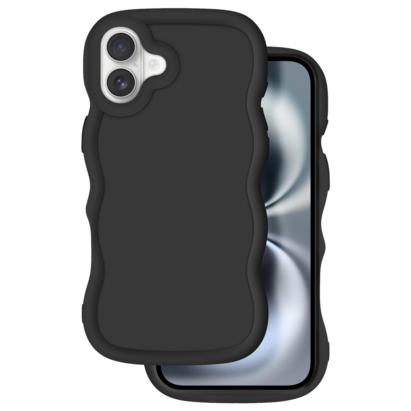 Custodia nera per telefono con design ondulato su uno smartphone con sfondo grigio.