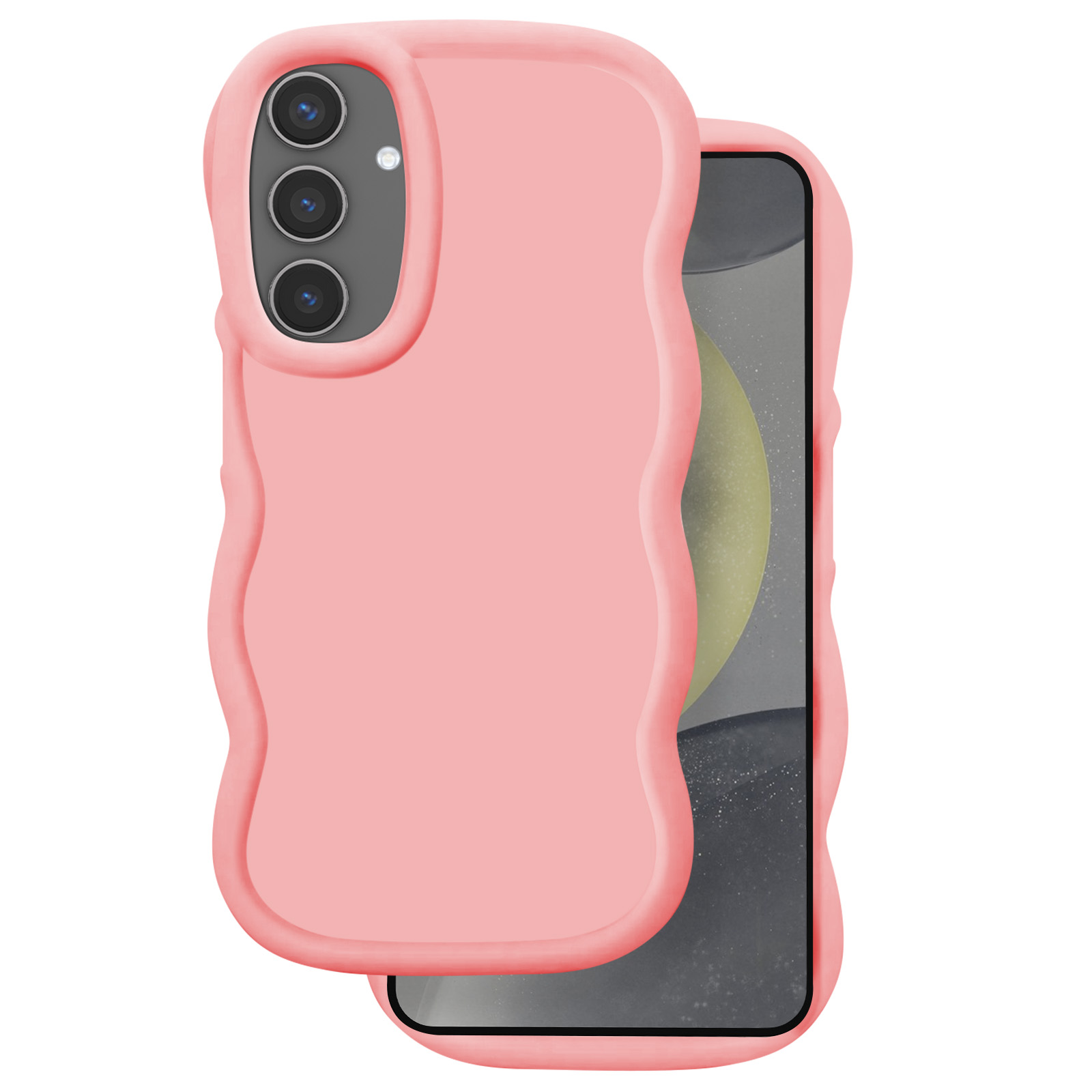 Una cover per telefono rosa con bordo ondulato e tre obiettivi.