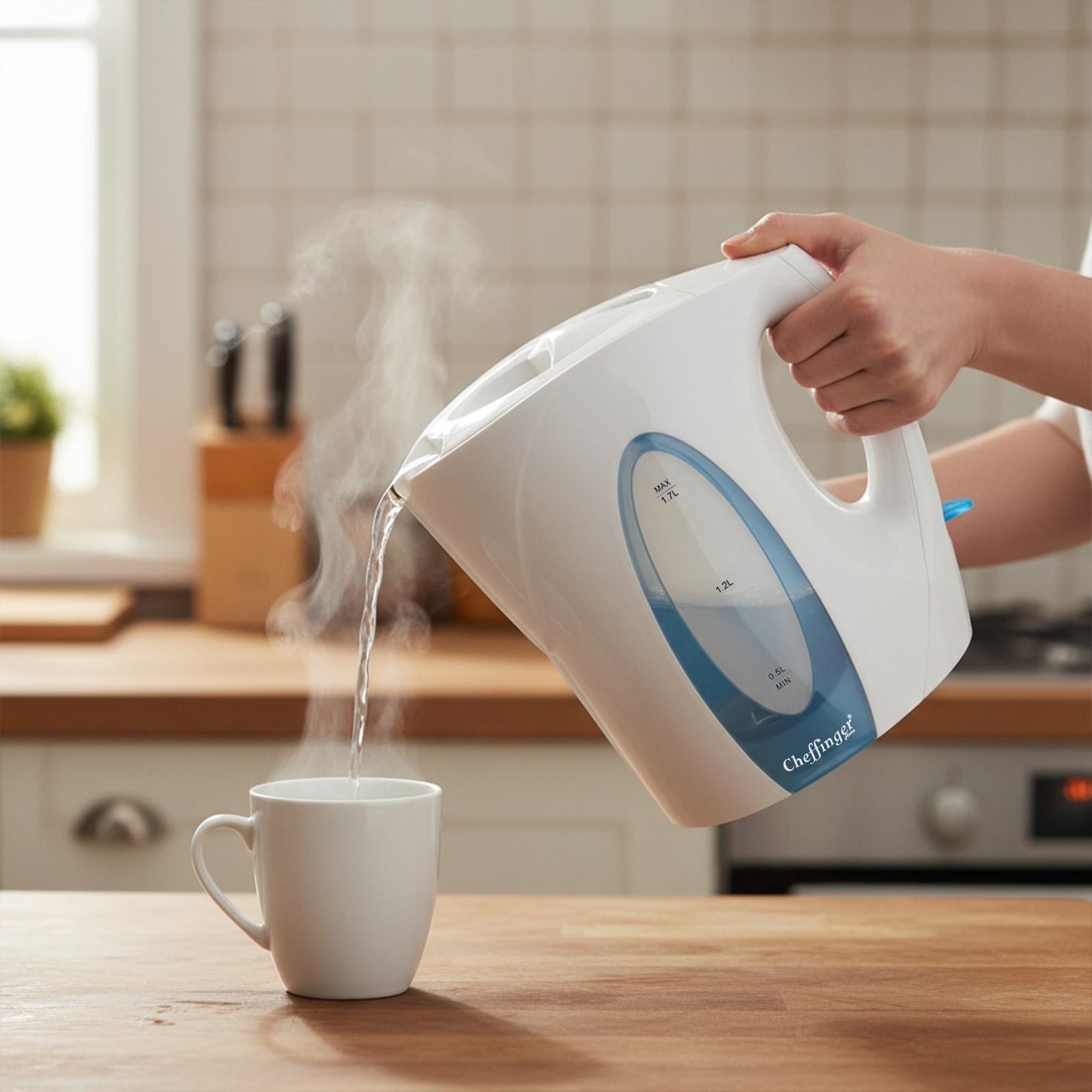 De l'eau chaude est versée d'une bouilloire blanche dans une tasse blanche.