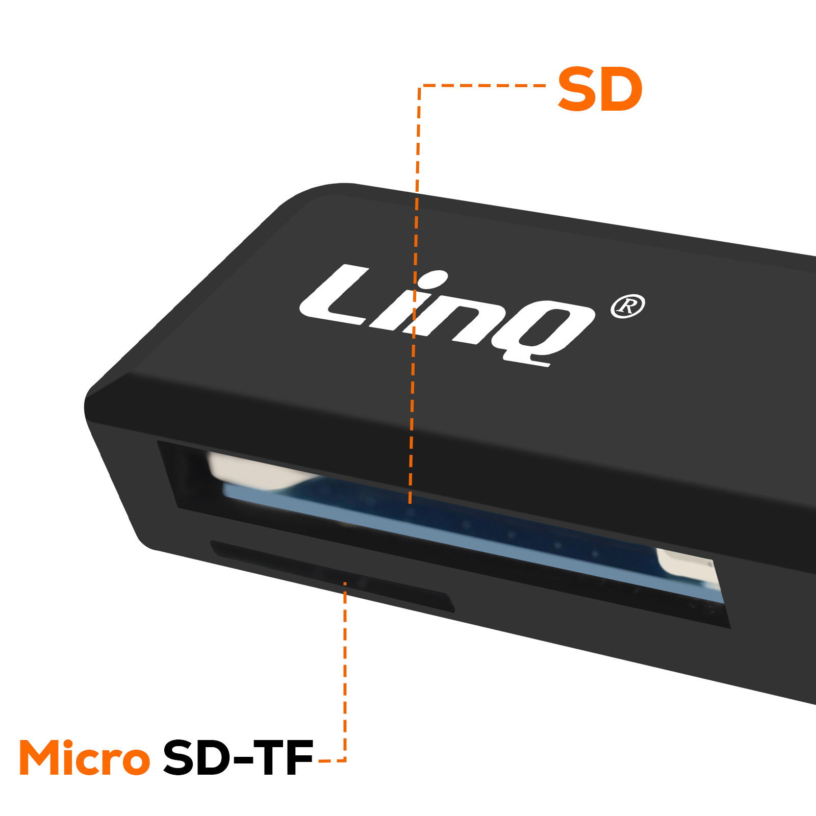 Un lettore di schede nero con logo LinQ, etichettato SD e Micro SD-TF.
