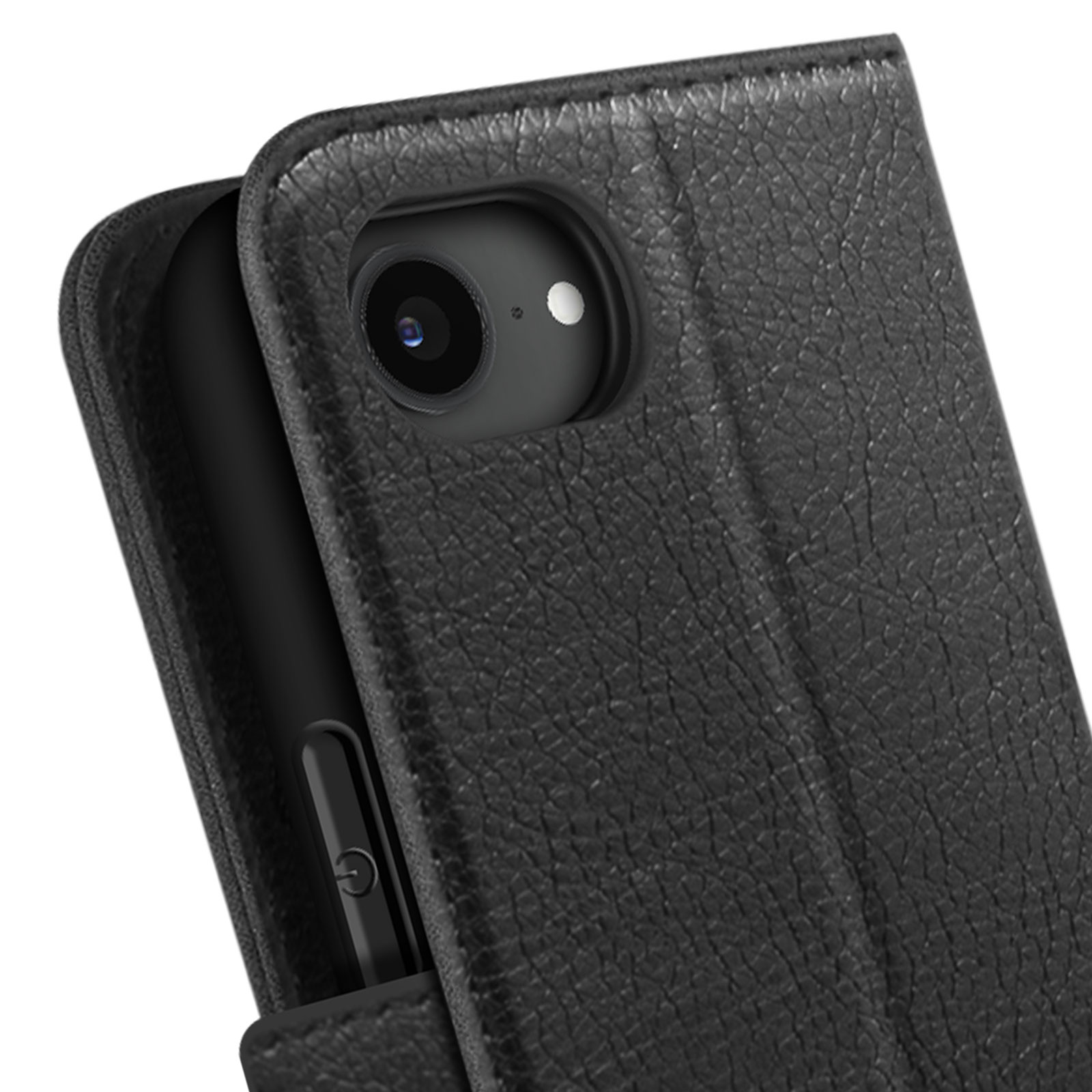 Custodia in pelle nera per telefono con ritaglio fotocamera e pulsante di accensione.