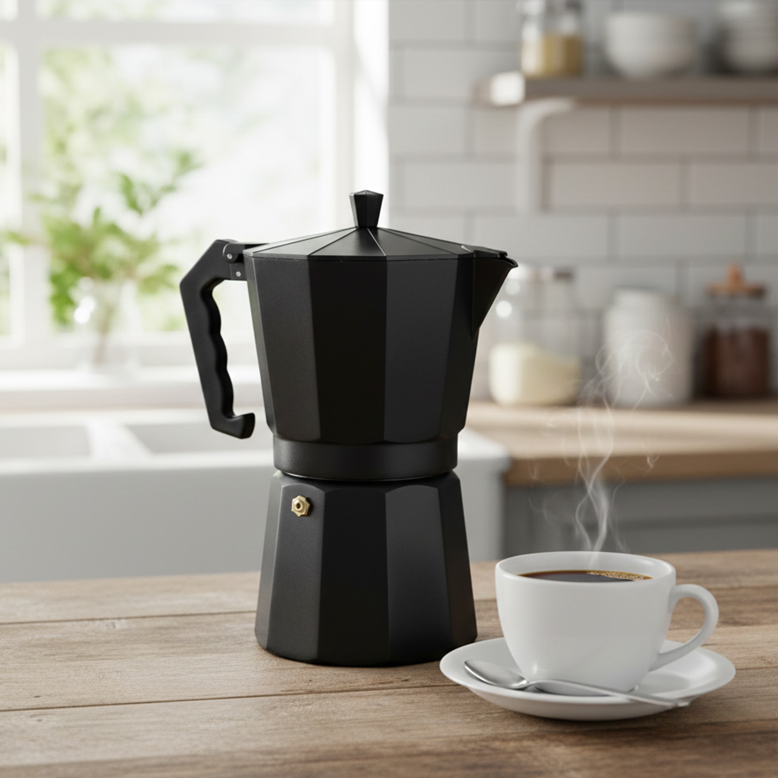 Cafetera Moka negra con vapor y taza de café sobre mesa de madera.