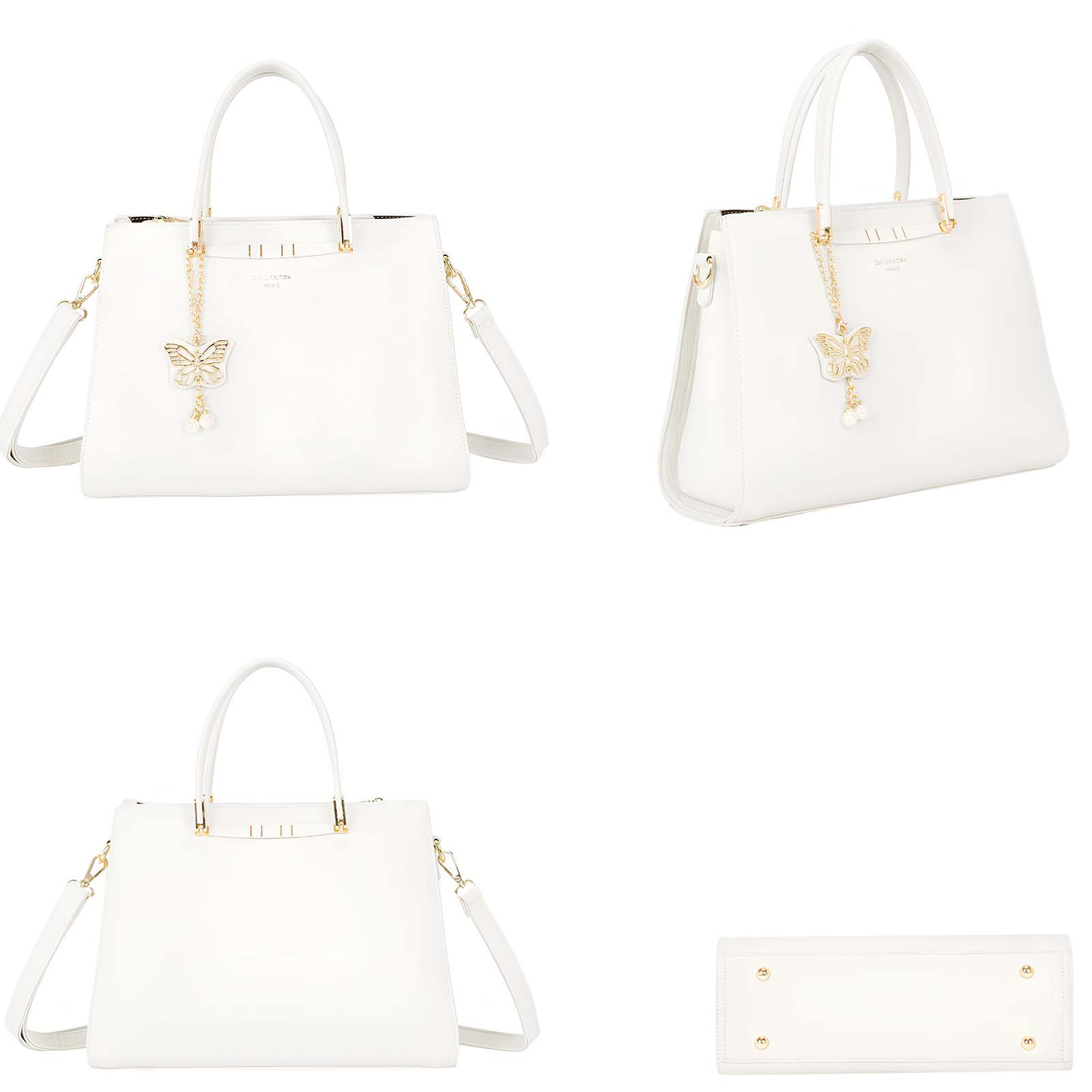 Bolso blanco con charm de mariposa y detalles dorados.