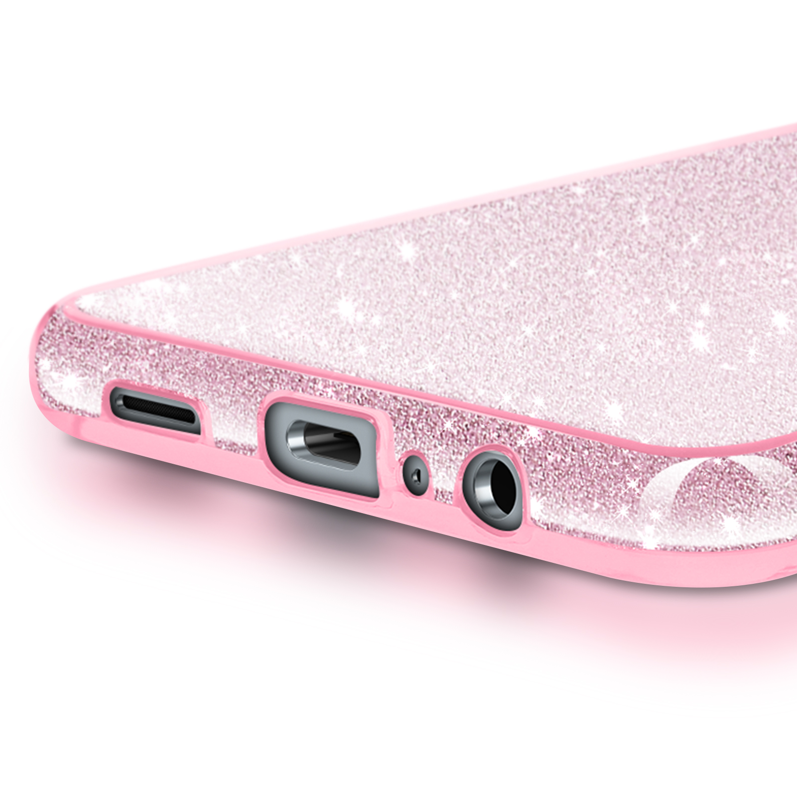 Custodia per telefono rosa glitterata con ritagli per porte.