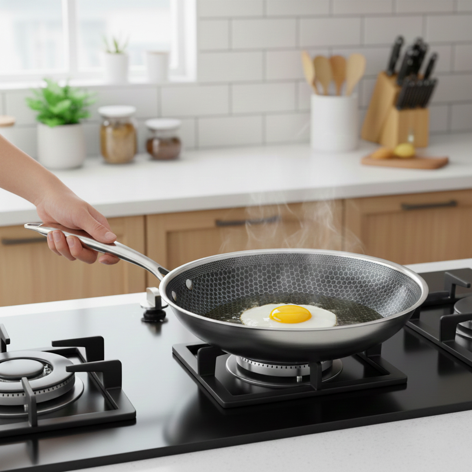 Une main tient une poêle avec un œuf au plat en train de cuire sur une cuisinière à gaz.
