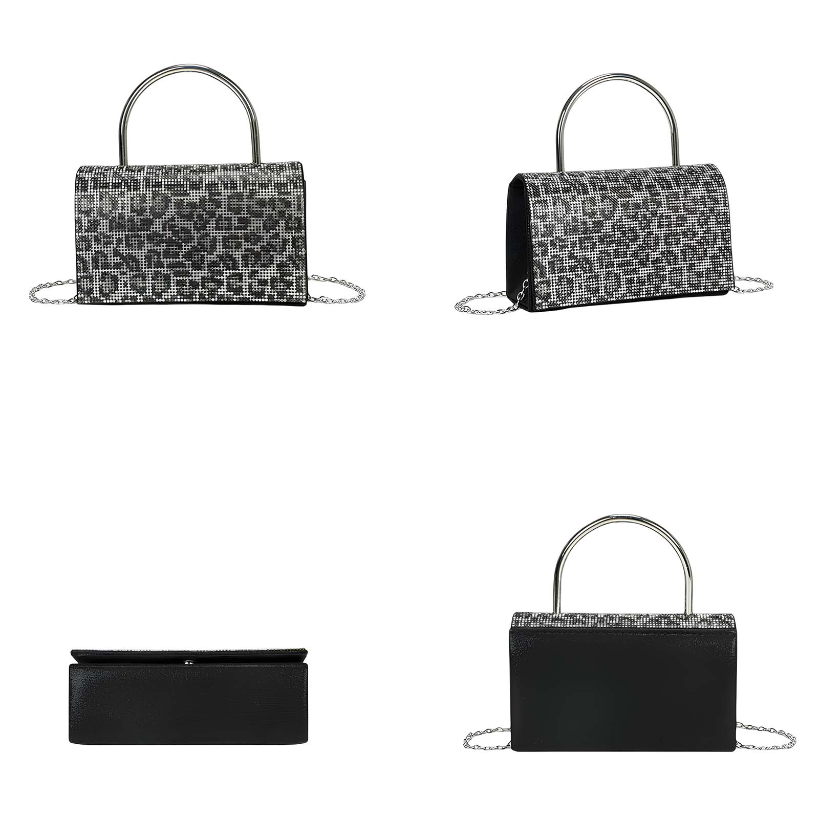 Un bolso negro con asa y cadena plateadas, frontal con piedras brillantes.