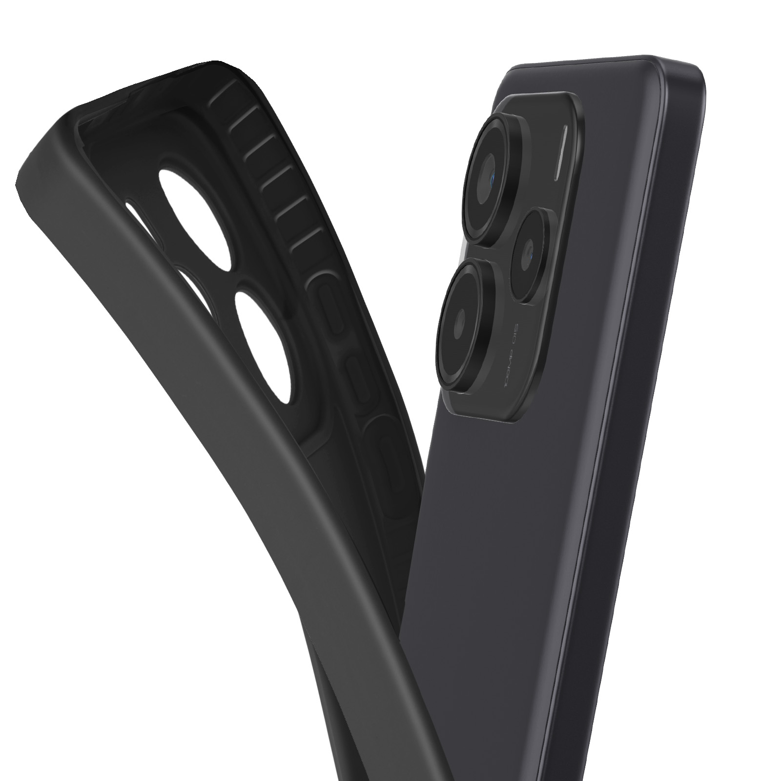 Un telefono nero con tre fotocamere e una custodia protettiva.