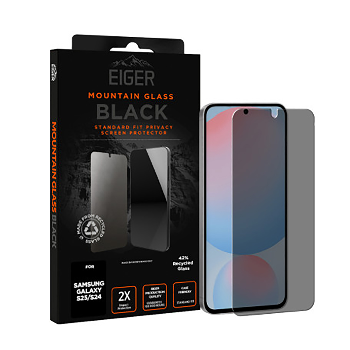 Protecteur d'écran Eiger Mountain Glass Black pour Samsung Galaxy S25/S24 en boîte.